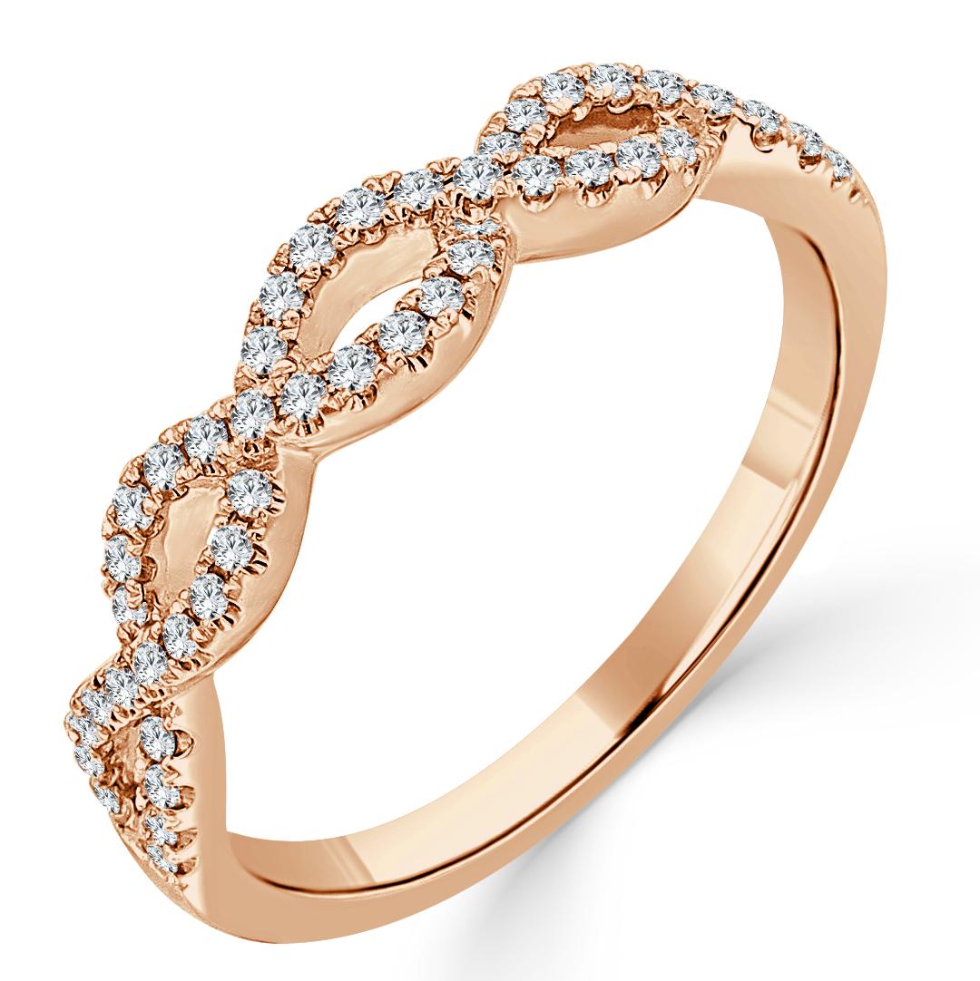 Stackable Design Diamond Twist Band: This stackable diamond twist band is crafted of 14k gold and features approximately 0.24 Carats of 50 natural round cut sparkling white diamonds Sl1-Sl2 clarity, 2.8 mm band width.

Nickel Free: Many brands have