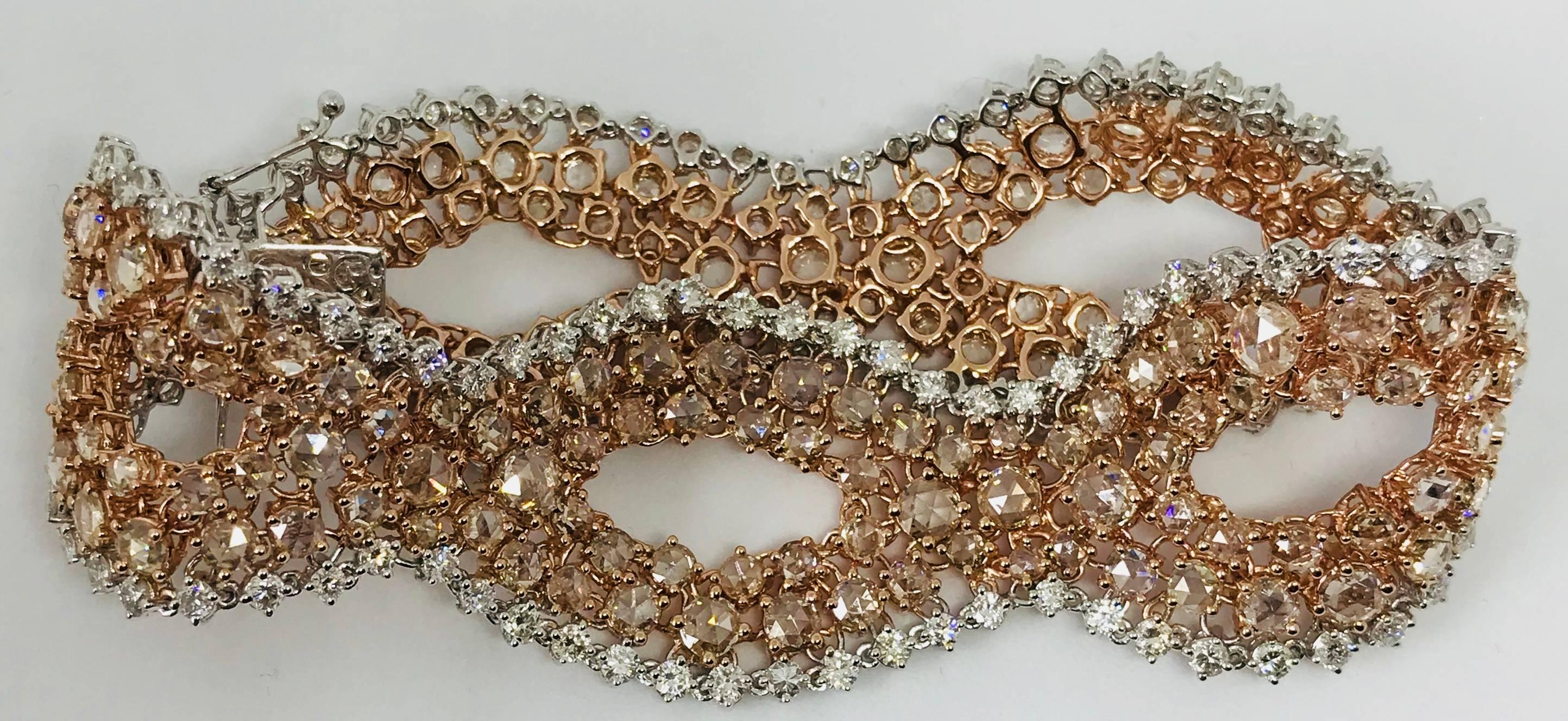 Rose Cut Diamond Twisted Bracelet In 18k White and Rose Gold with White and Pink Diamonds For Sale