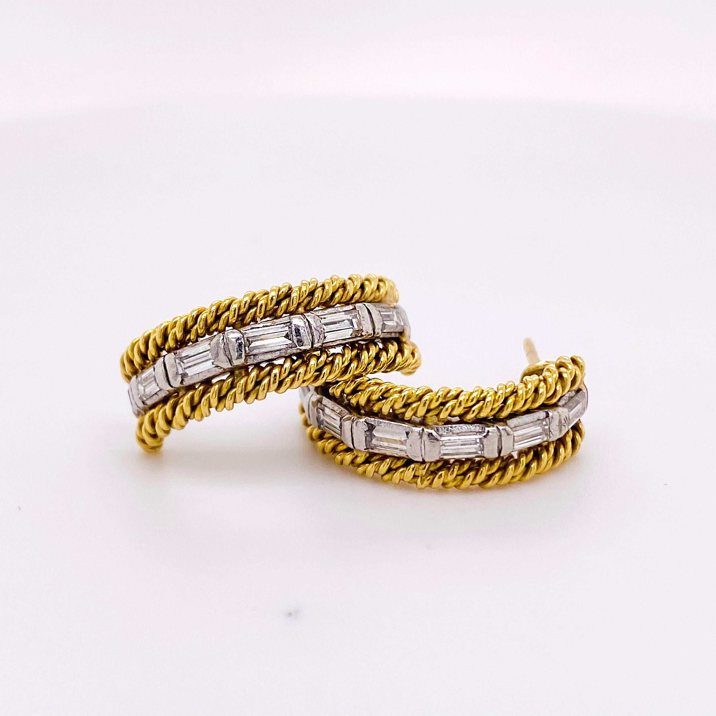 Modern Diamond Twisted Earrings, 18 Karat Yellow Gold Curved Rope Post Diamond Earrings