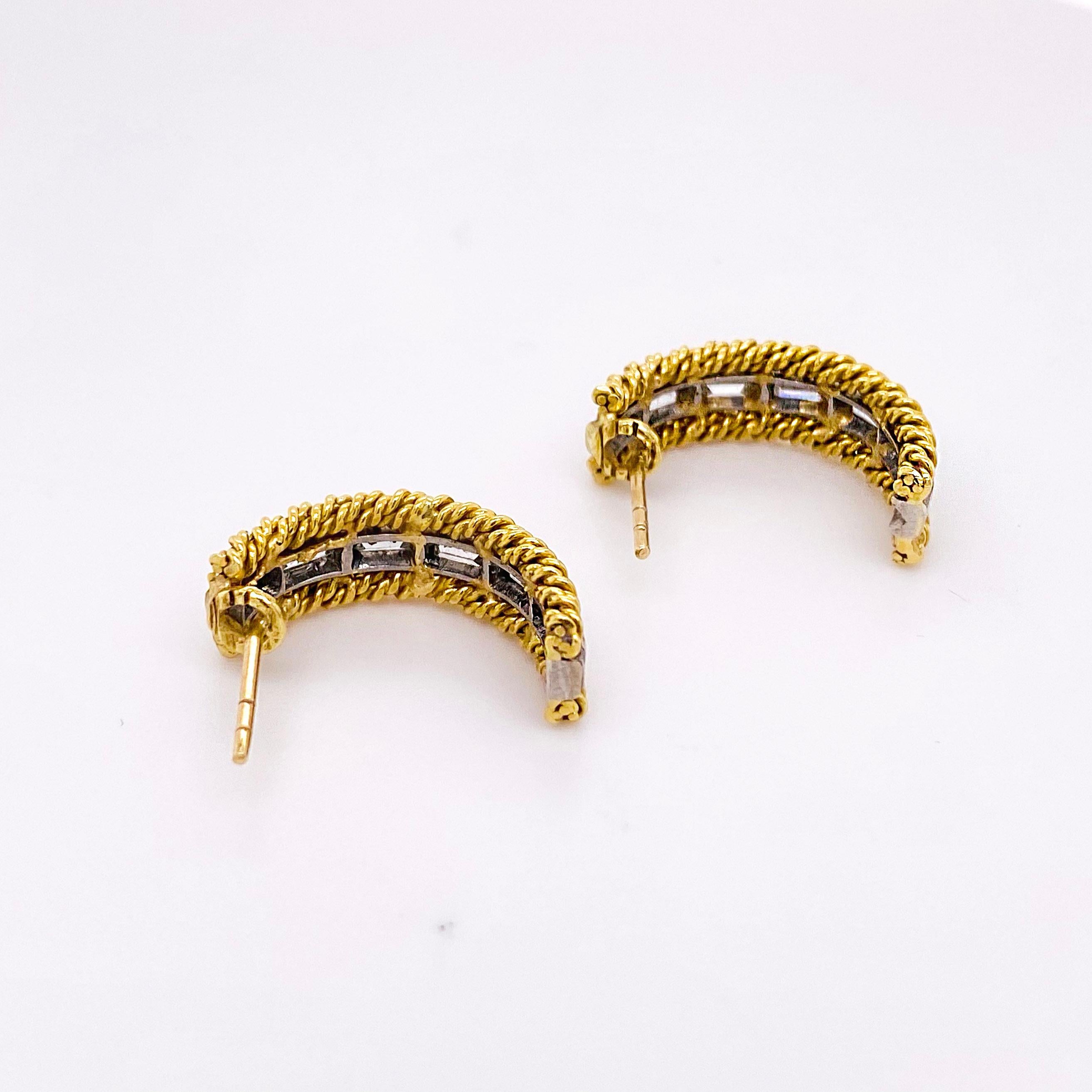 Women's Diamond Twisted Earrings, 18 Karat Yellow Gold Curved Rope Post Diamond Earrings