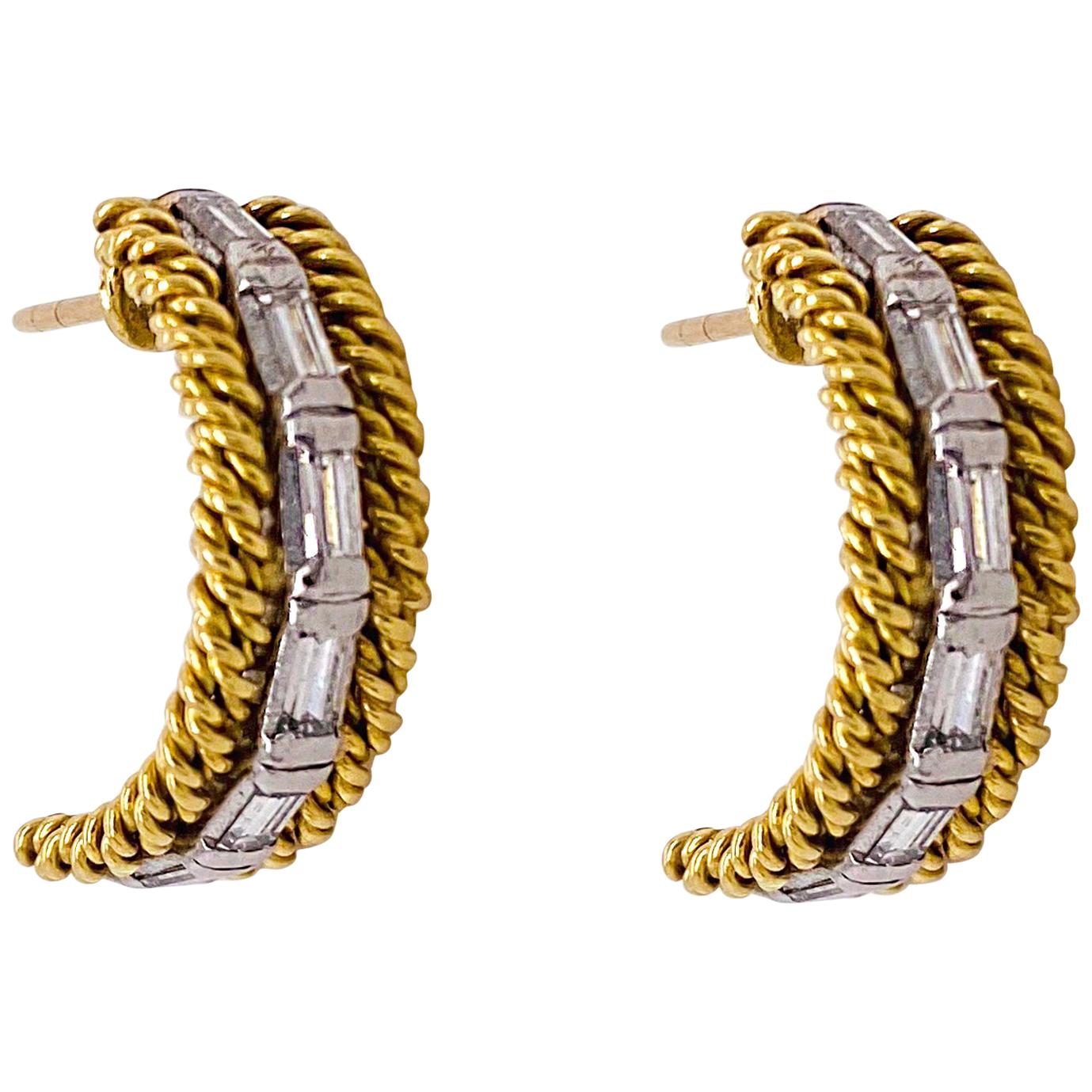 Diamond Twisted Earrings, 18 Karat Yellow Gold Curved Rope Post Diamond Earrings