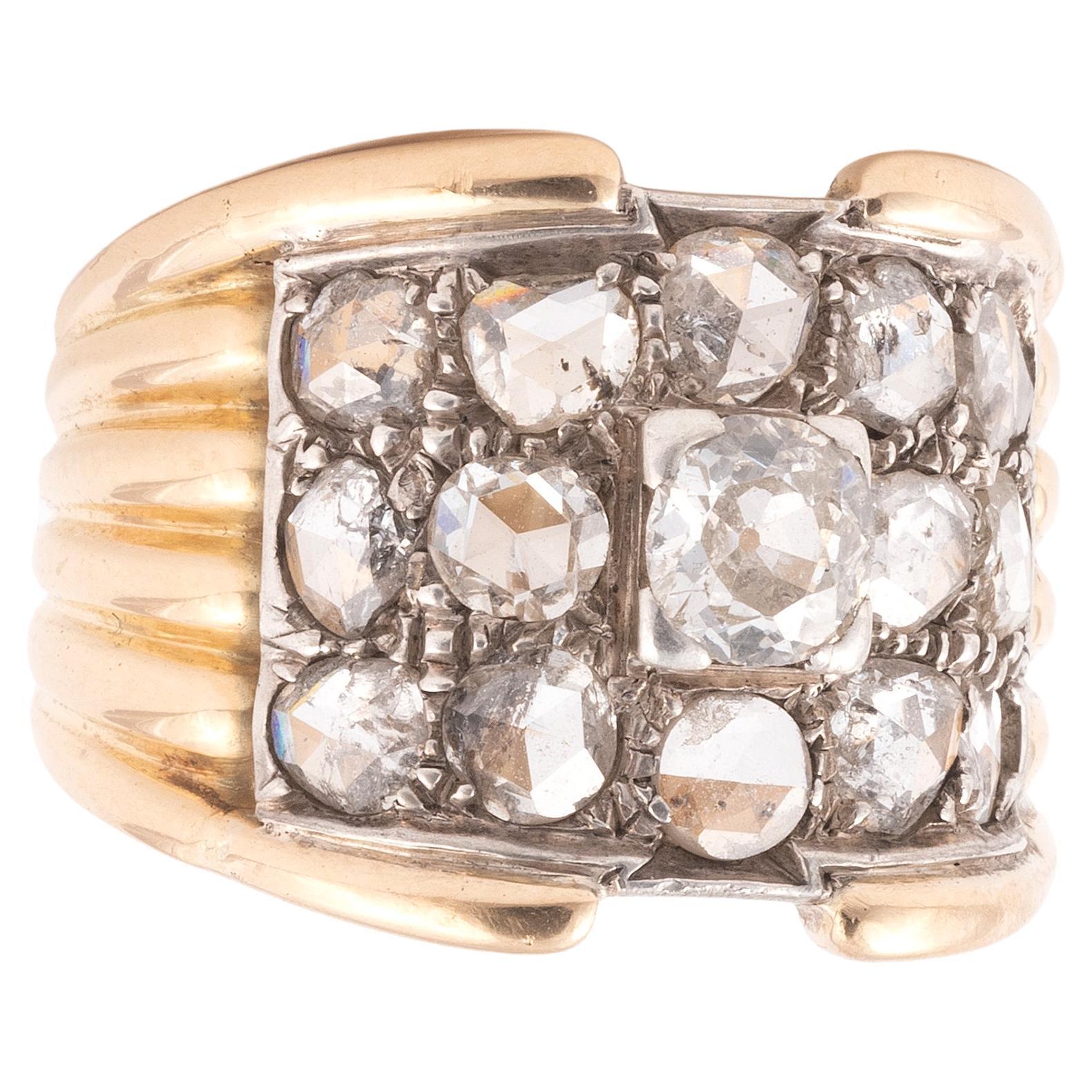 Retro Diamond Two Color Gold Band Cluster Ring For Sale