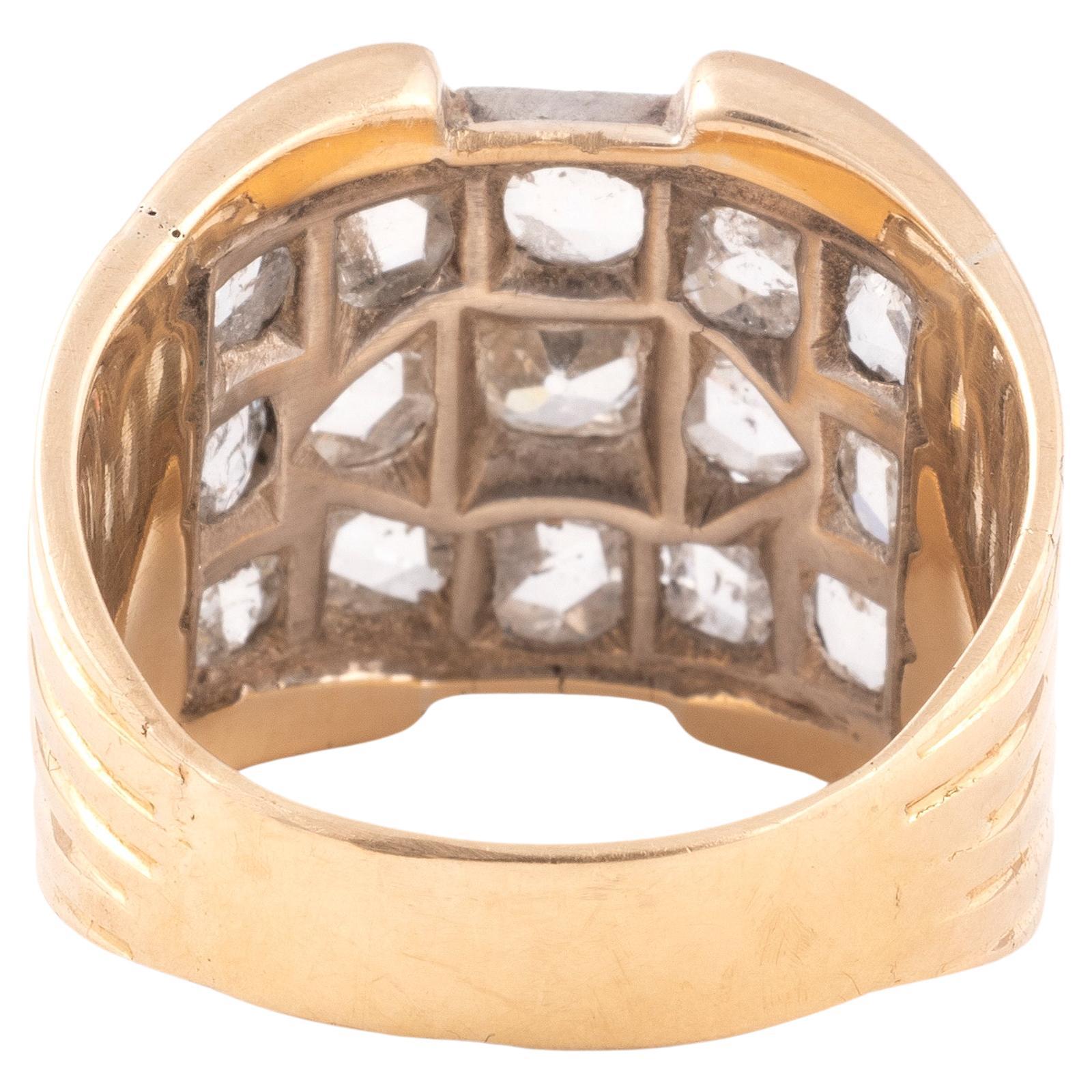 Old European Cut Diamond Two Color Gold Band Cluster Ring For Sale