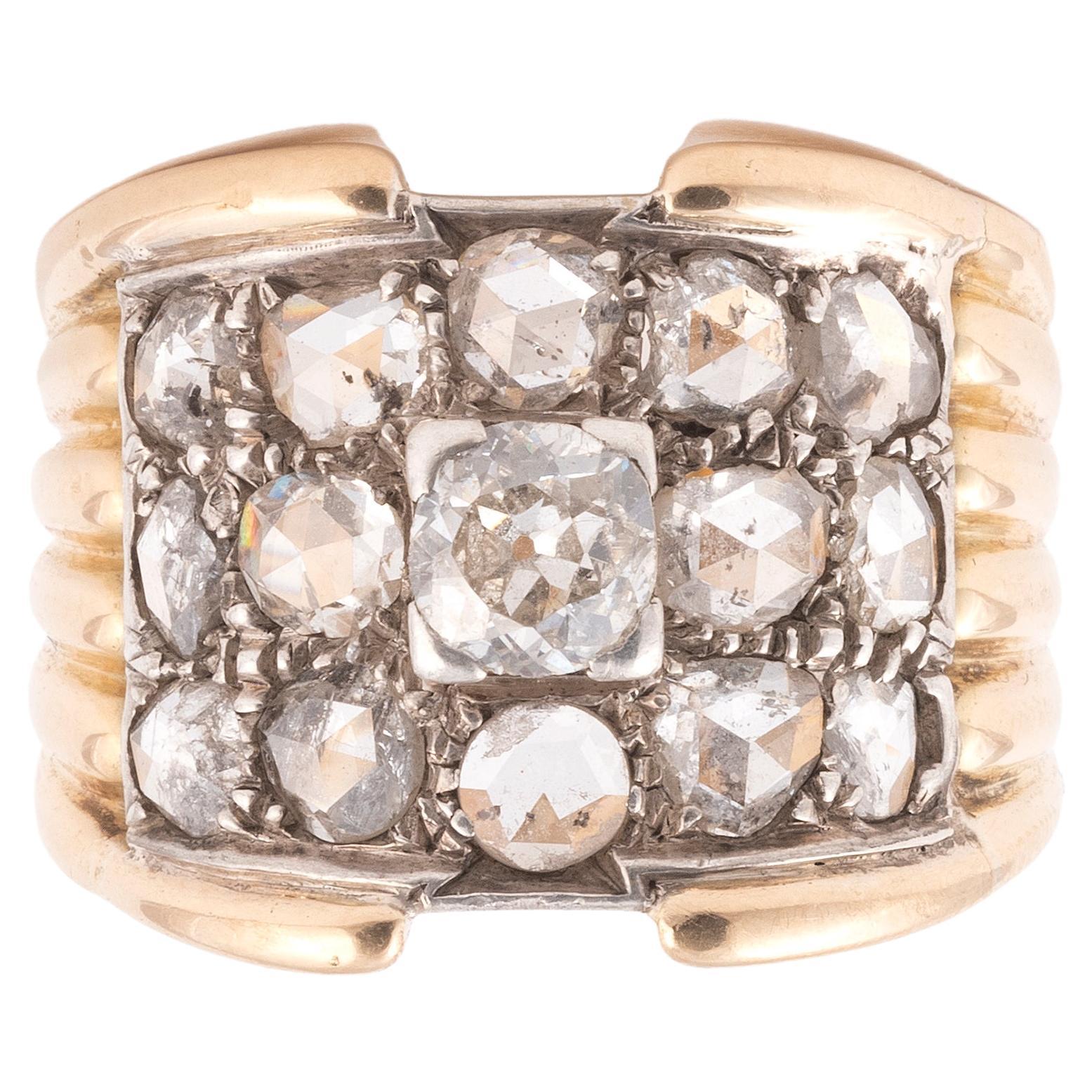 Diamond Two Color Gold Band Cluster Ring For Sale
