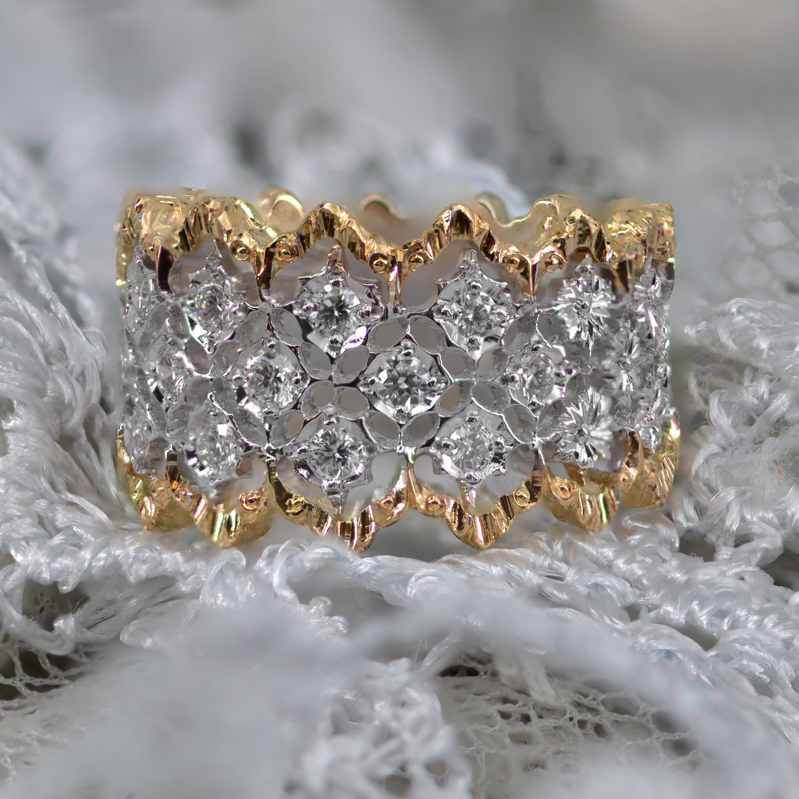 Filigraner Diamantring aus zweifarbigem Gold mit Diamanten im Angebot 11