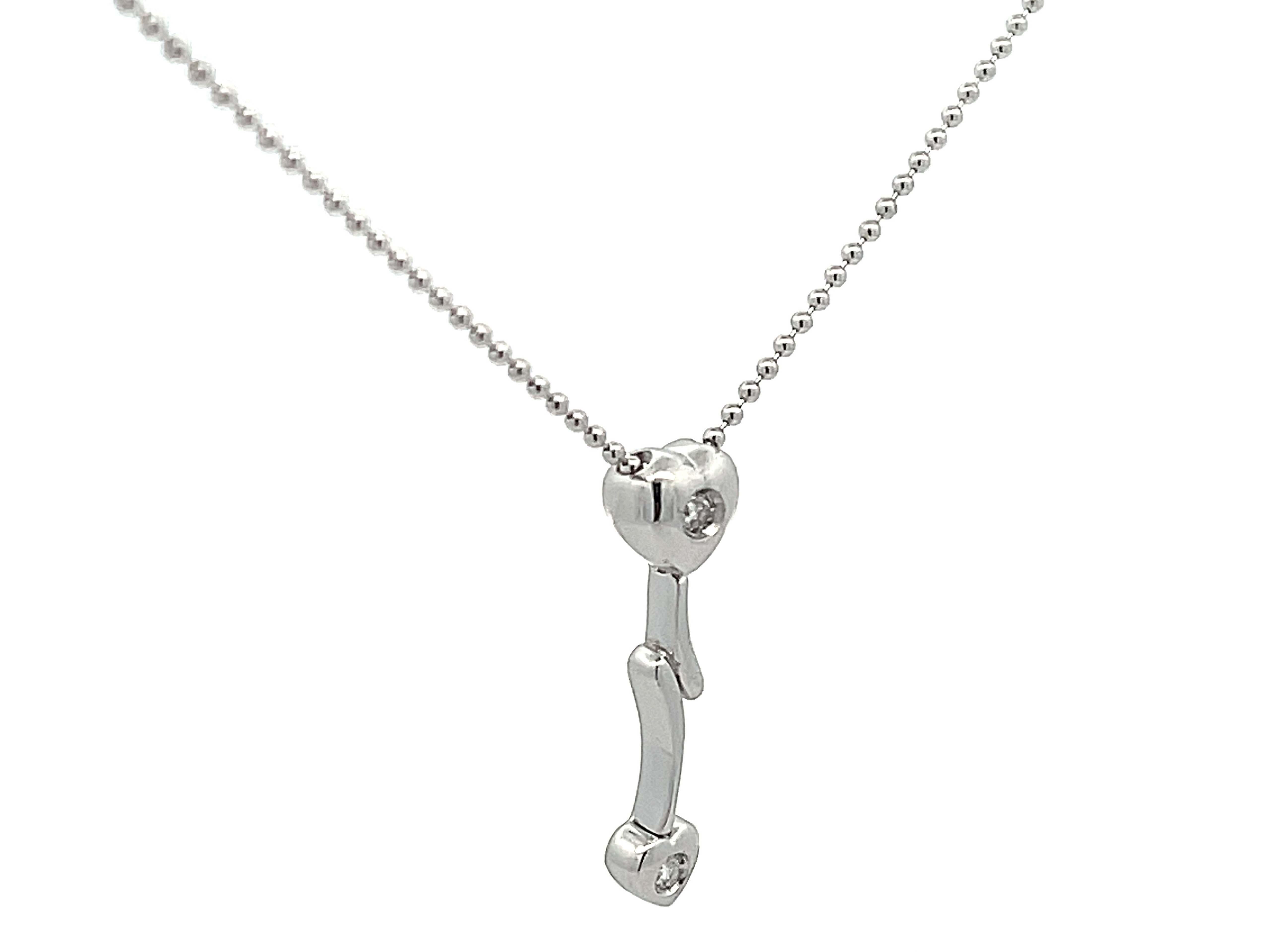 Modern Diamond Two Heart Lightning Necklace in 14k White Gold For Sale
