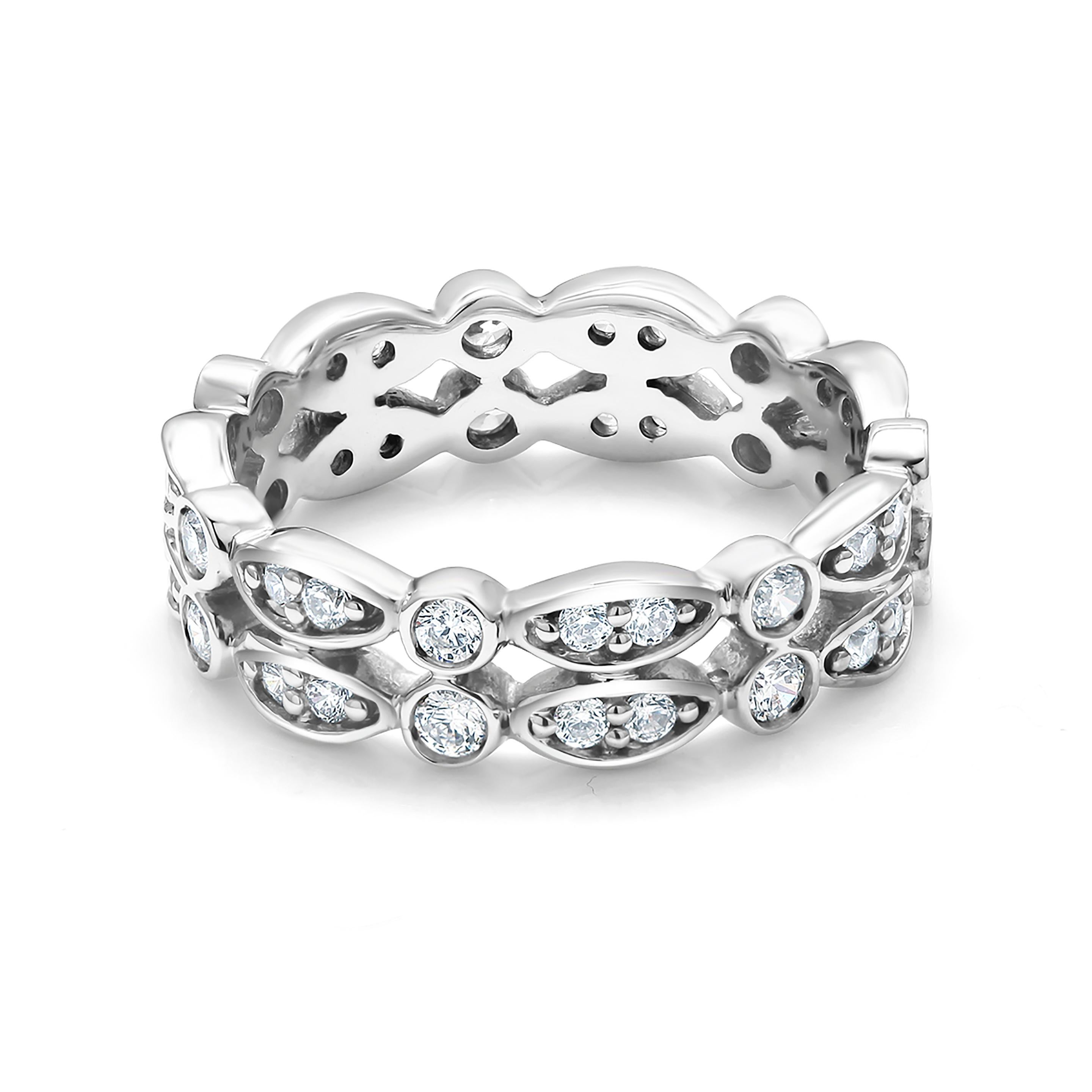 18 Karats white gold diamond double row scalloped eternity band
Diamond weighing 0.88 carat 
Made to order in special size
Two weeks delivery 
New Ring
Available in full finger ring, half finger sizes, and quarter sizes 
Available in 18 karats