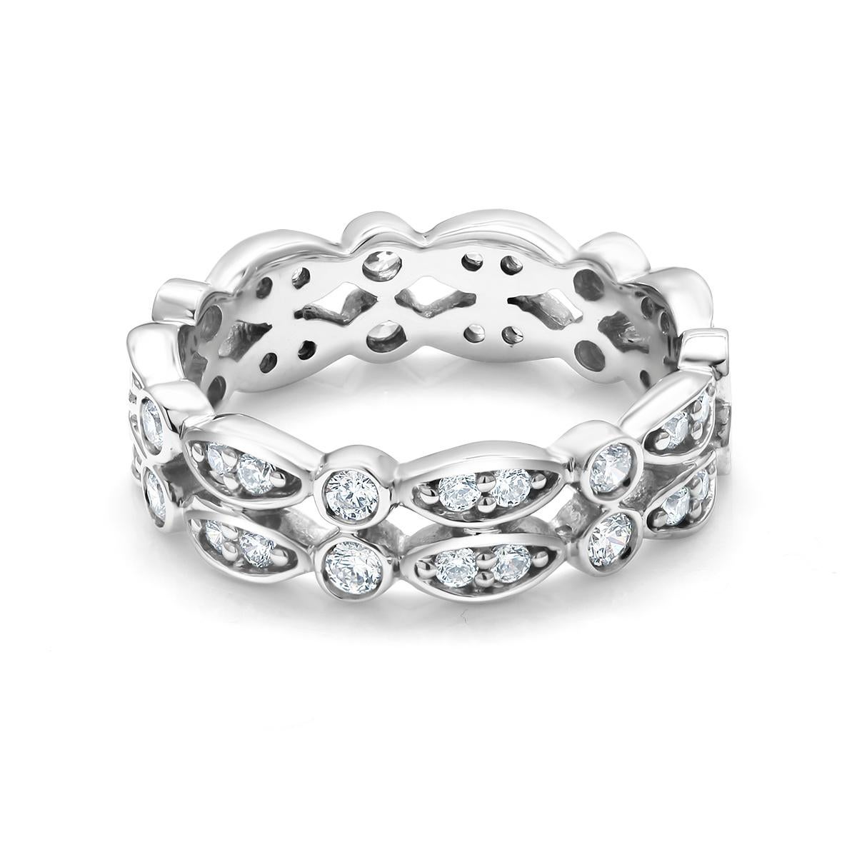 Round Cut Diamond Two-Row Prong Set Designer Scalloped Eternity Ring Weighing 0.88 Carat