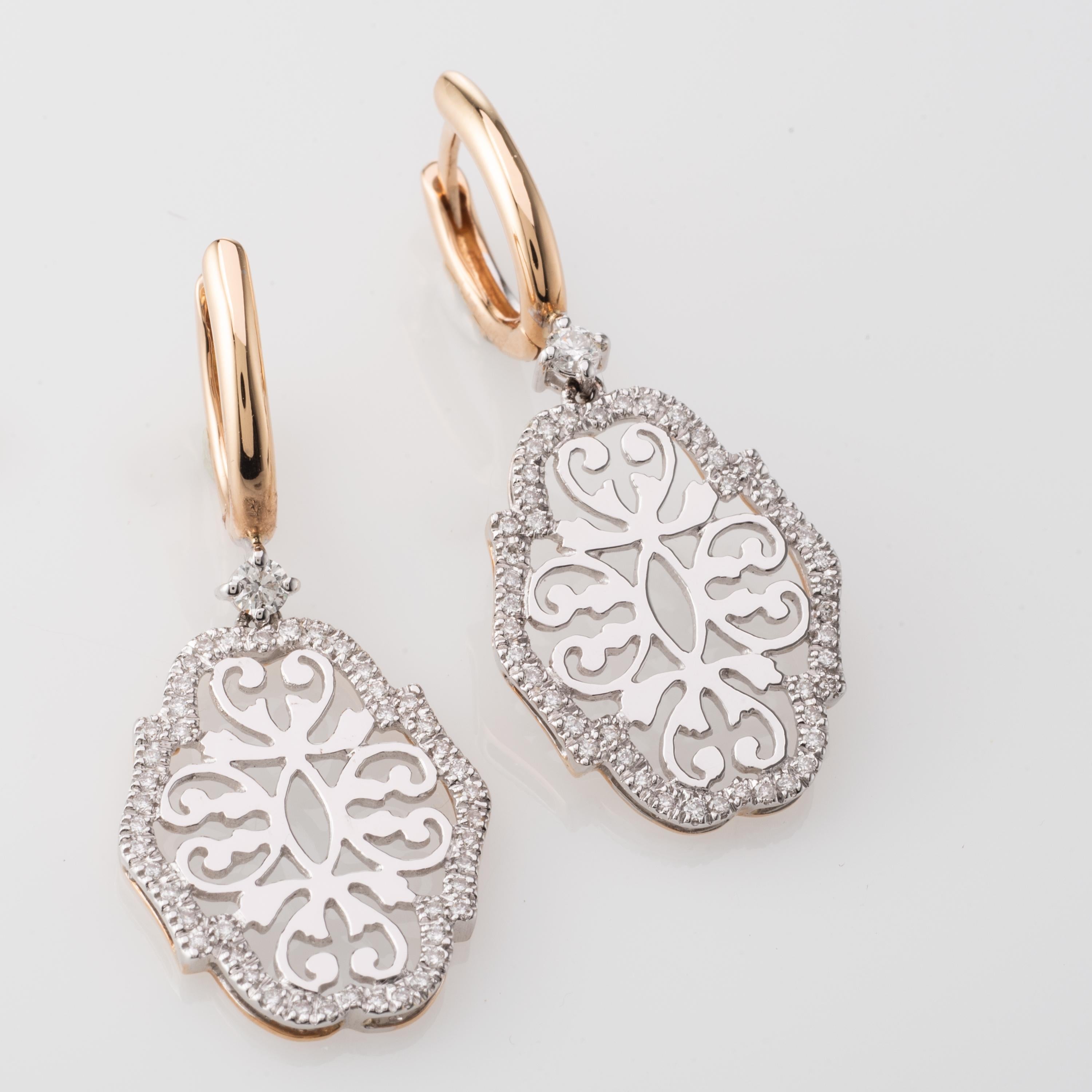 These masterfully crafted Earrings are enhanced by 0.41 Carat Diamonds set in 18 Karat White and Rose Gold. Made in Italy.
We can make this style in 18k yellow or rose gold. We can custom make these earrings according to your taste. When customising