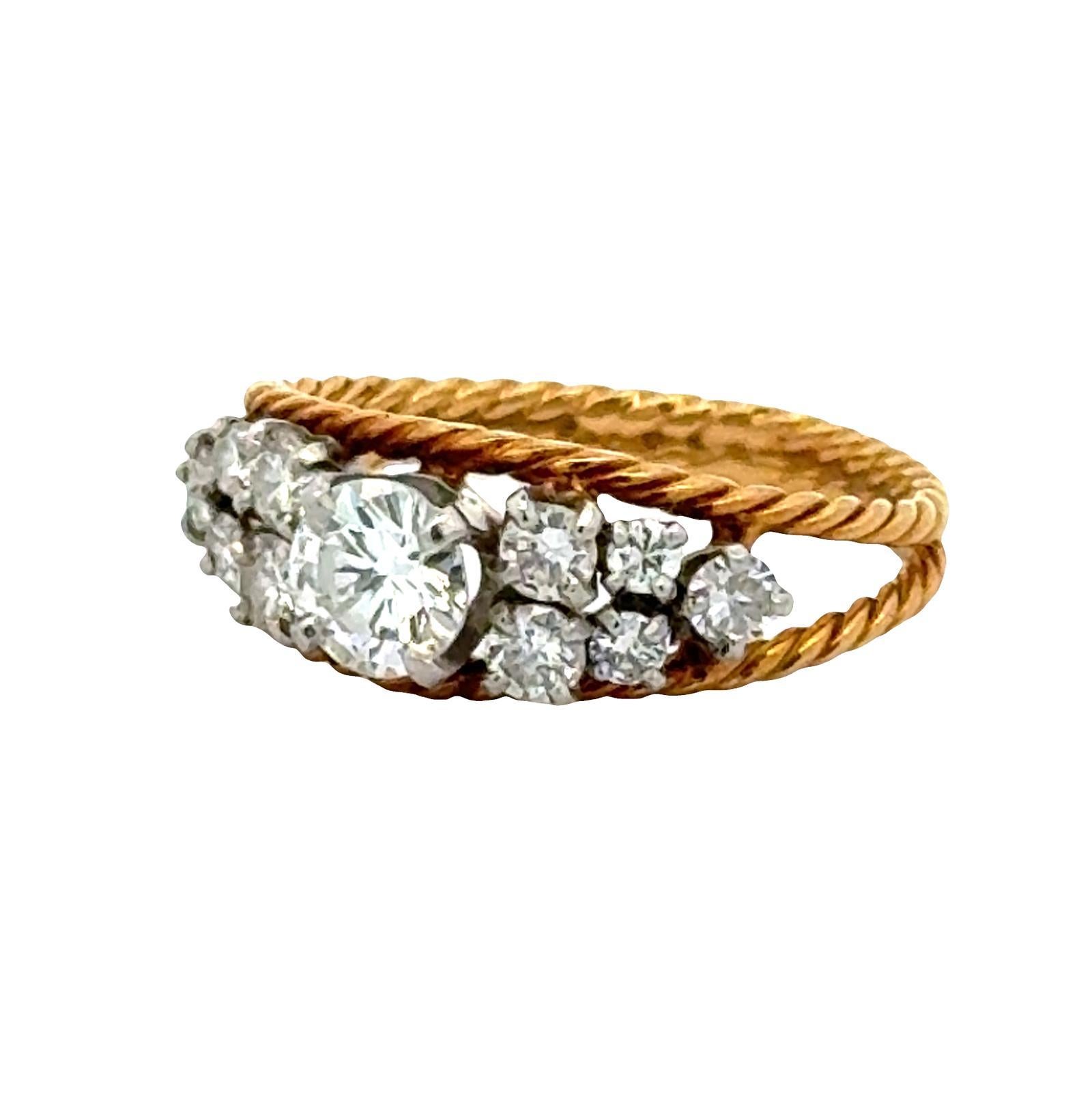 Diamant Zweifarbig 18 Karat Gold Gedrehtes Kabel Design Vintage Bang Ring (Moderne) im Angebot