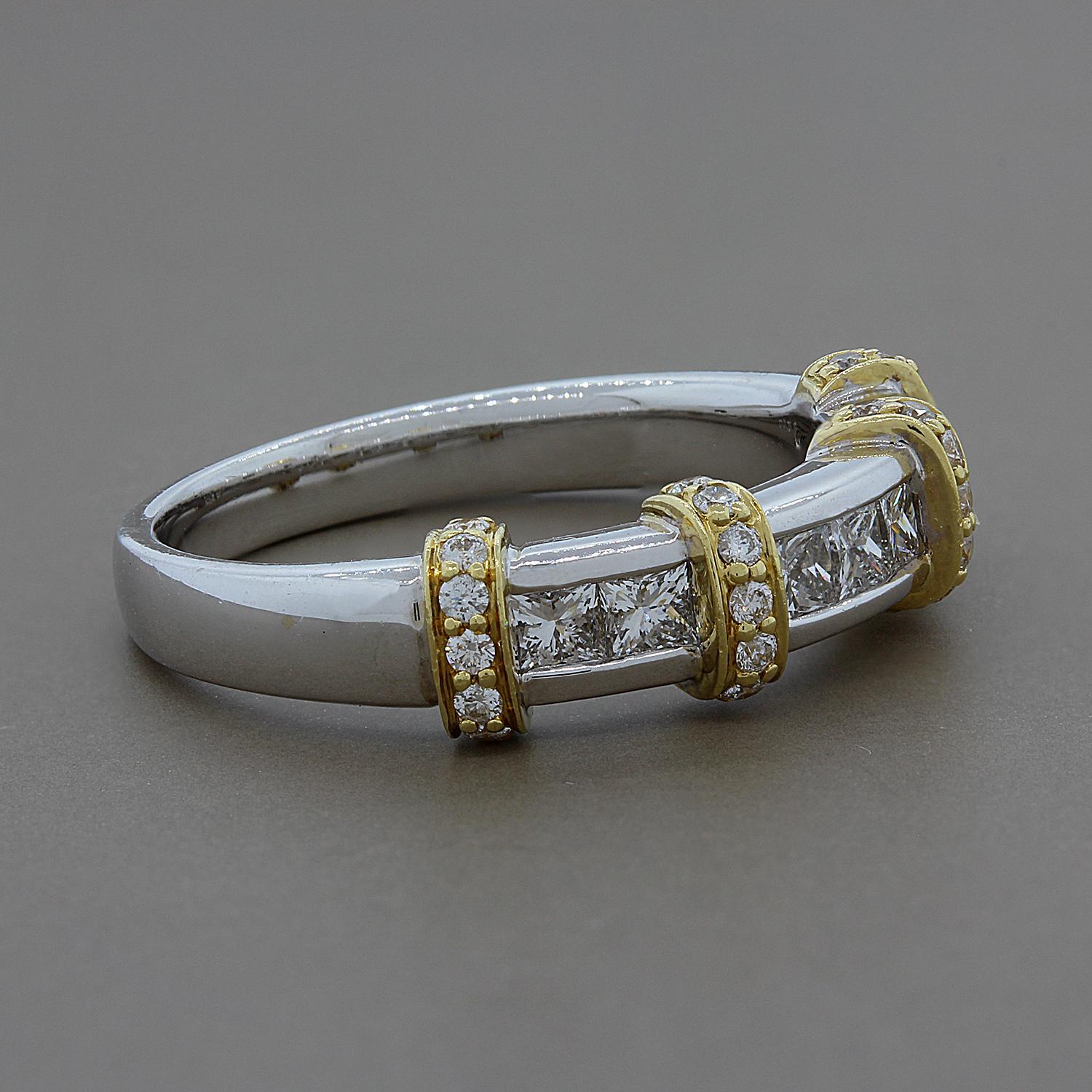 Modernity meets glam with 0.72 carats of princess cut and round cut diamonds. This unique two-tone band of 18K white gold features fun 18K yellow gold accents runs. A beautiful ring to add to your collection.

Currently ring size 7
