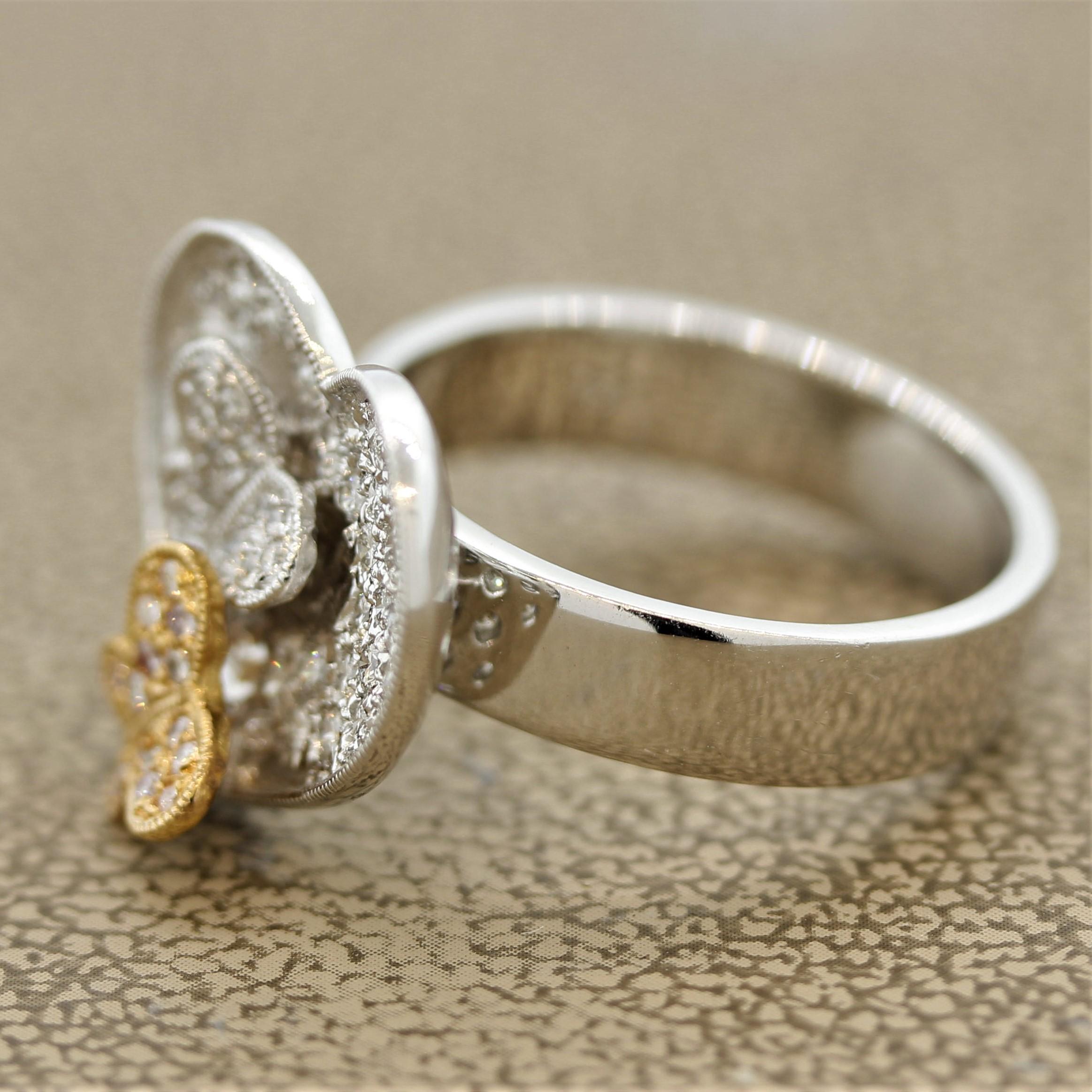 Round Cut Diamond Two-Tone Gold Heart-Butterfly Ring