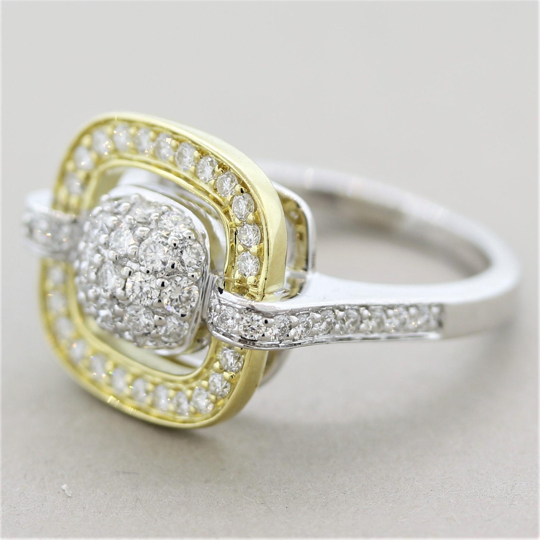 A lovely stylish ring featuring 0.93 carats of fine round brilliant-cut diamonds. They are pave-set in the center while creating a halo on the outer ring. Made in both 18k white and yellow gold for a contrasting two-tone design.

Ring Size 7