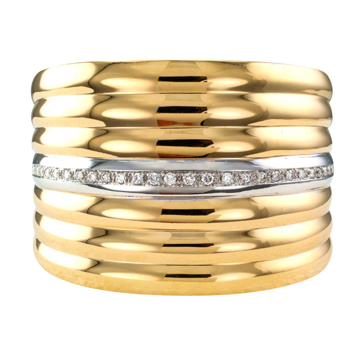  Diamond and gold hinged cuff bracelet.

DETAILS:
Estate wide diamond and two-tone gold hinged cuff bracelet.

DIAMONDS:  twenty-seven round brilliant-cut totaling approximately 1.00 carat, approximately G – H color and VS clarity.

METAL:  two-tone
