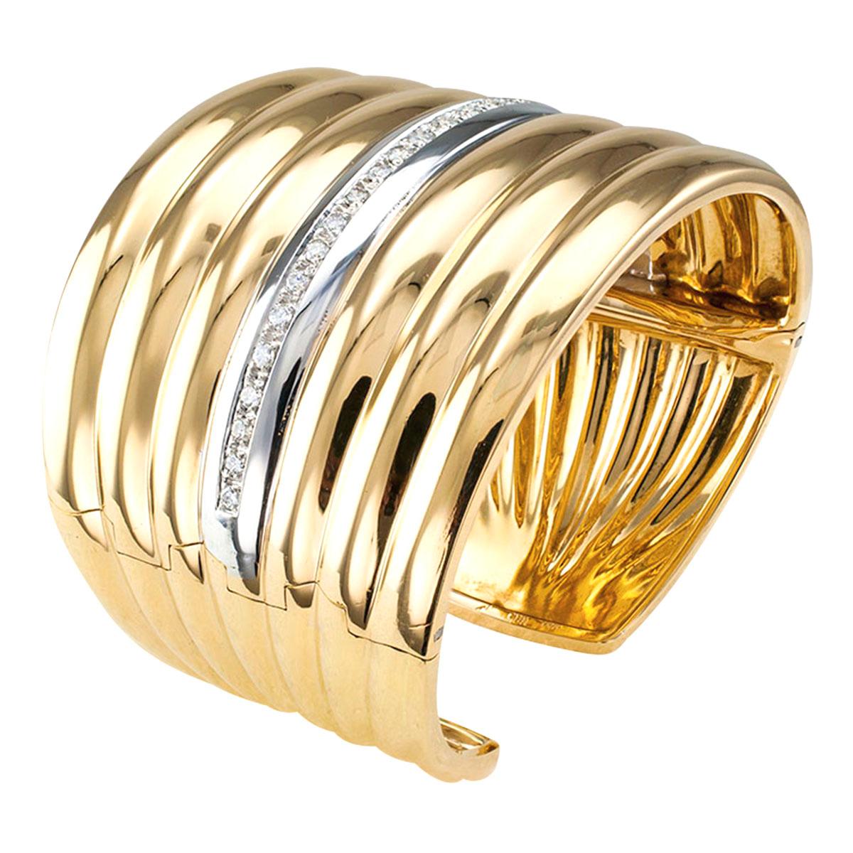 Contemporary Diamond Two-Tone Gold Wide Hinged Cuff Bracelet