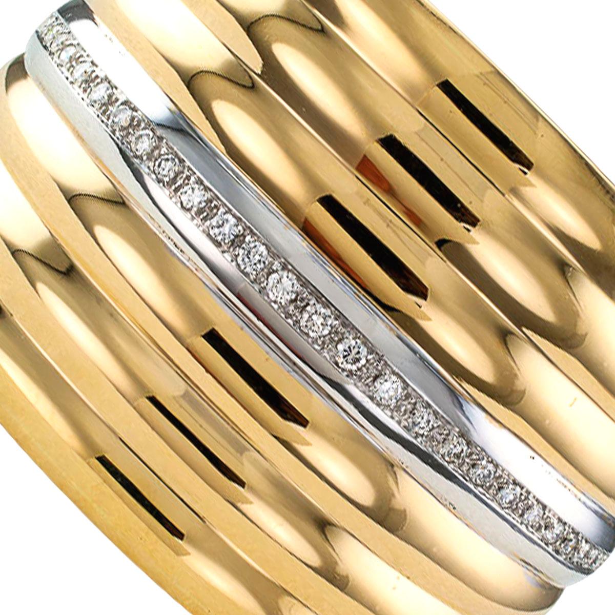 Round Cut Diamond Two-Tone Gold Wide Hinged Cuff Bracelet