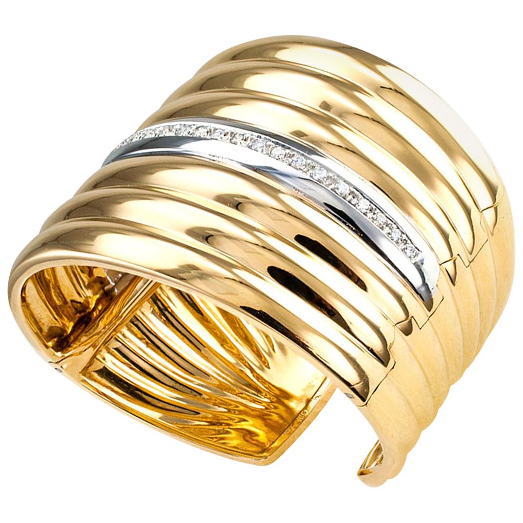 Diamond Two-Tone Gold Wide Hinged Cuff Bracelet