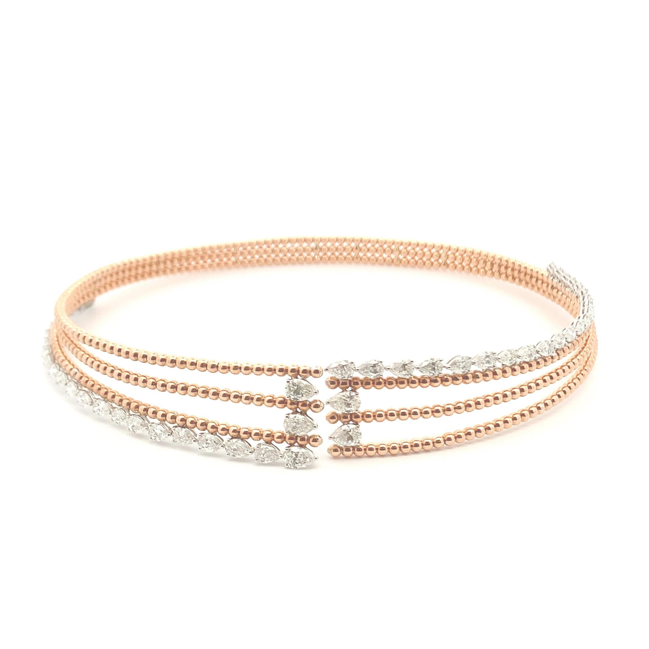 Pear Cut Diamond Two-Tone Multi-Row Beaded Choker in 18K Rose Gold & White Gold For Sale