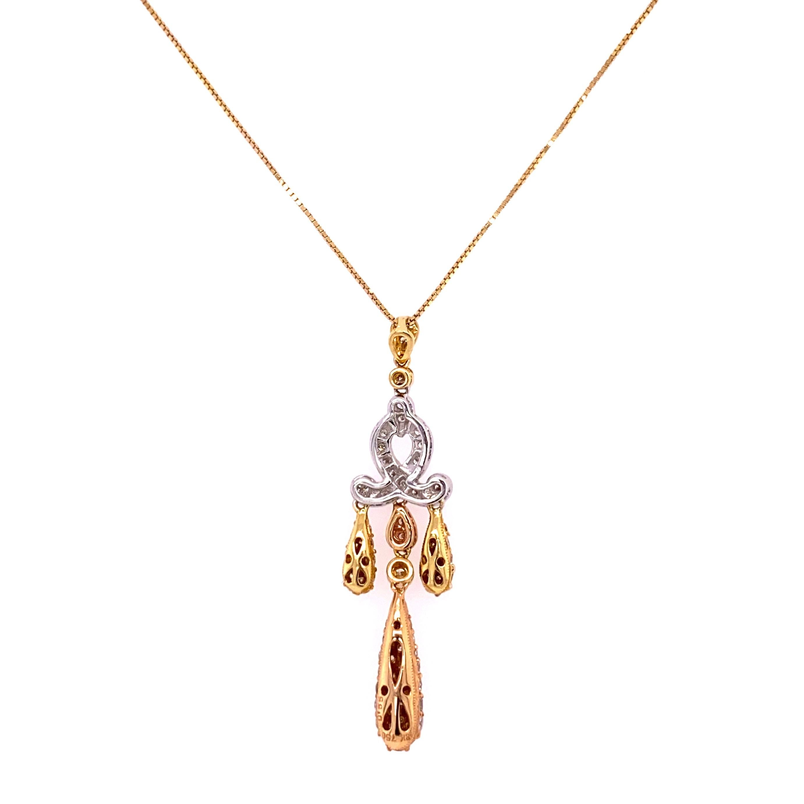 Modern Diamond Two-Tone White and Yellow Gold Drop Necklace   For Sale