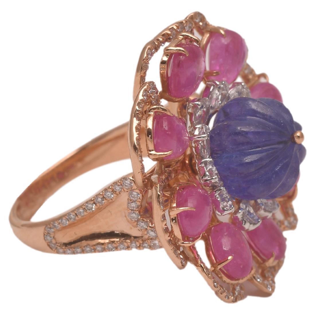 18k gold 1.57cts  Diamond & 6.36cts Tanzanite & 6.18cts Ruby Ring For Sale