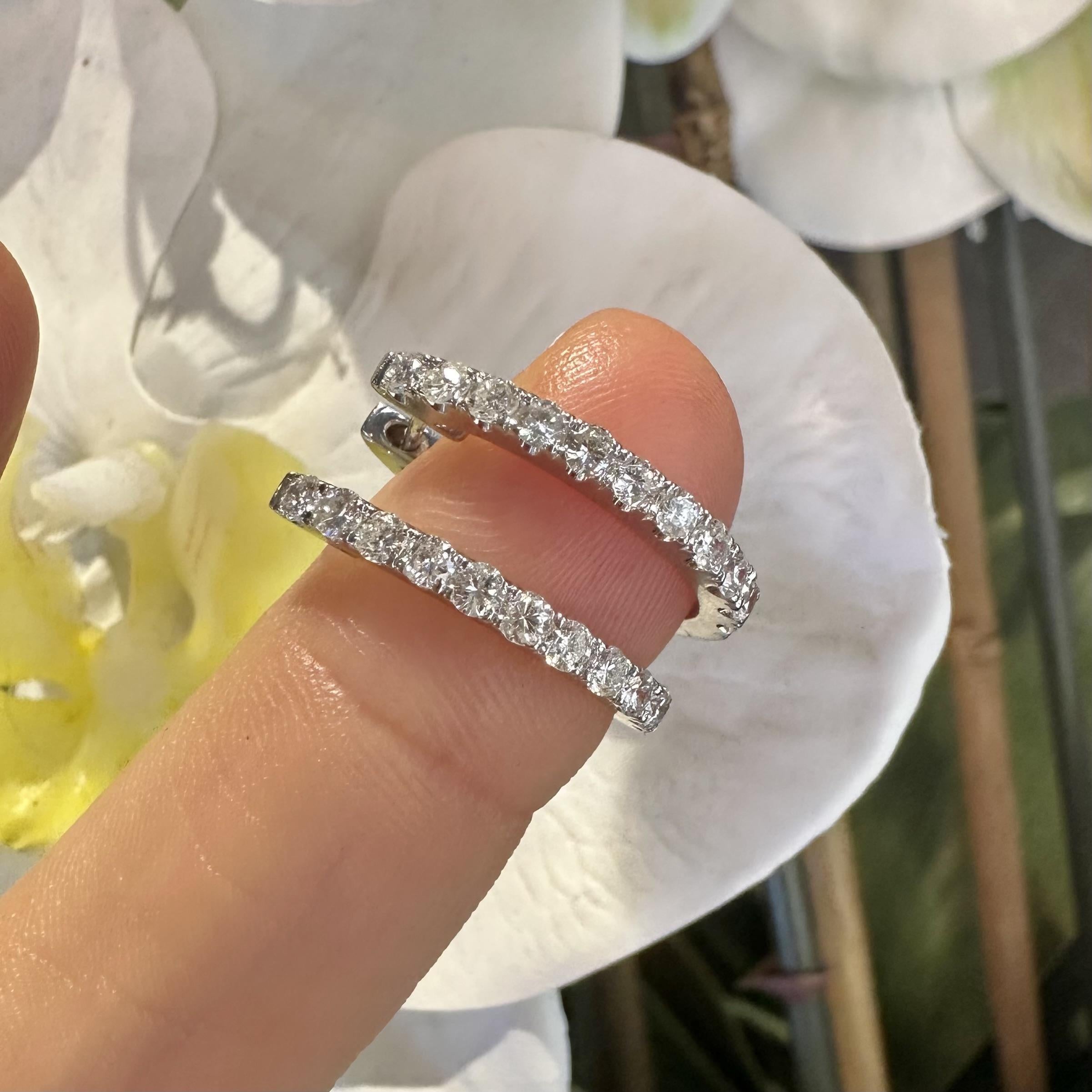 Round Cut Diamond U-Hoop Earrings in 14k White Gold For Sale