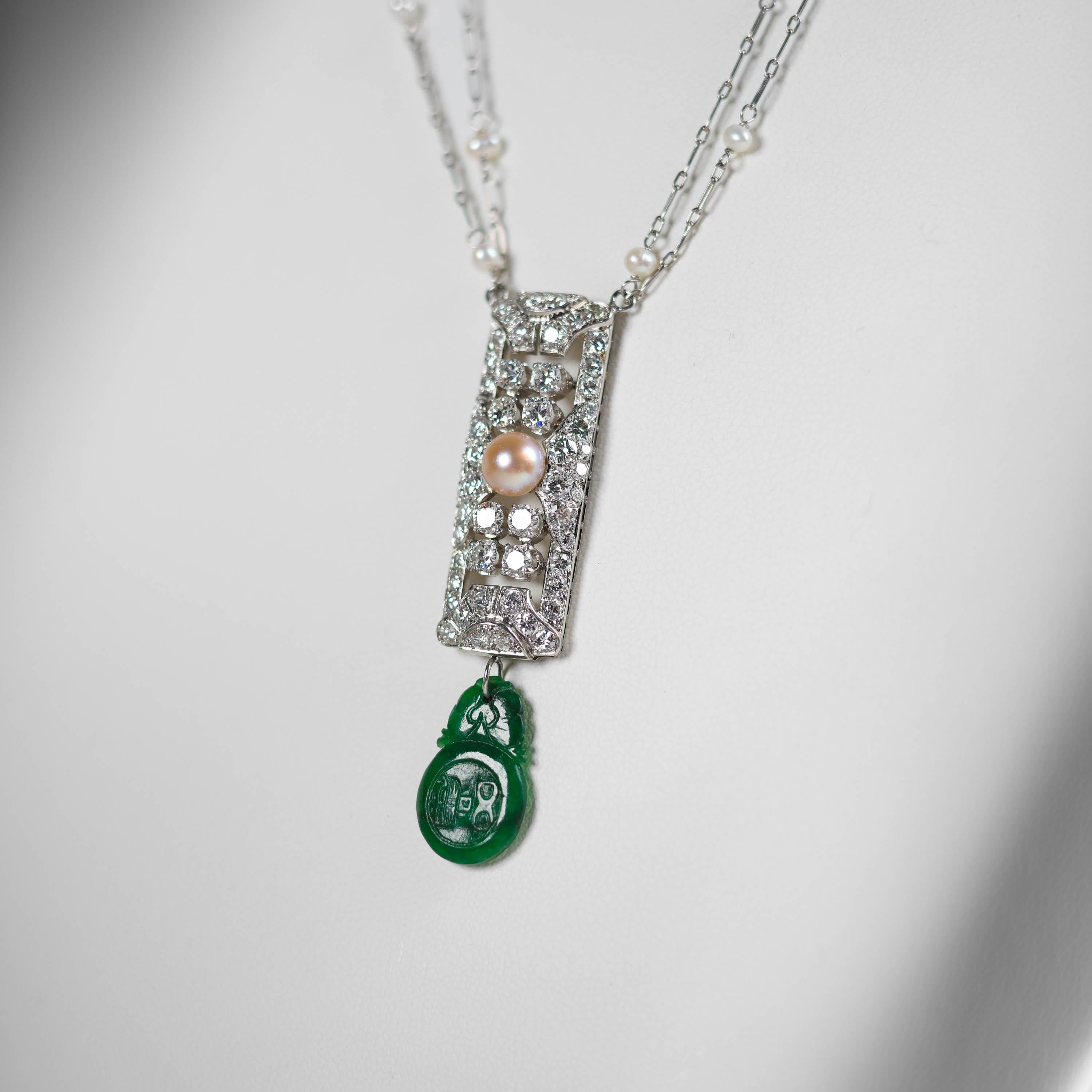 Diamond, Uncultured Pearl, Fine Jade, Platinum Necklace, Art Deco GIA Certified For Sale 4