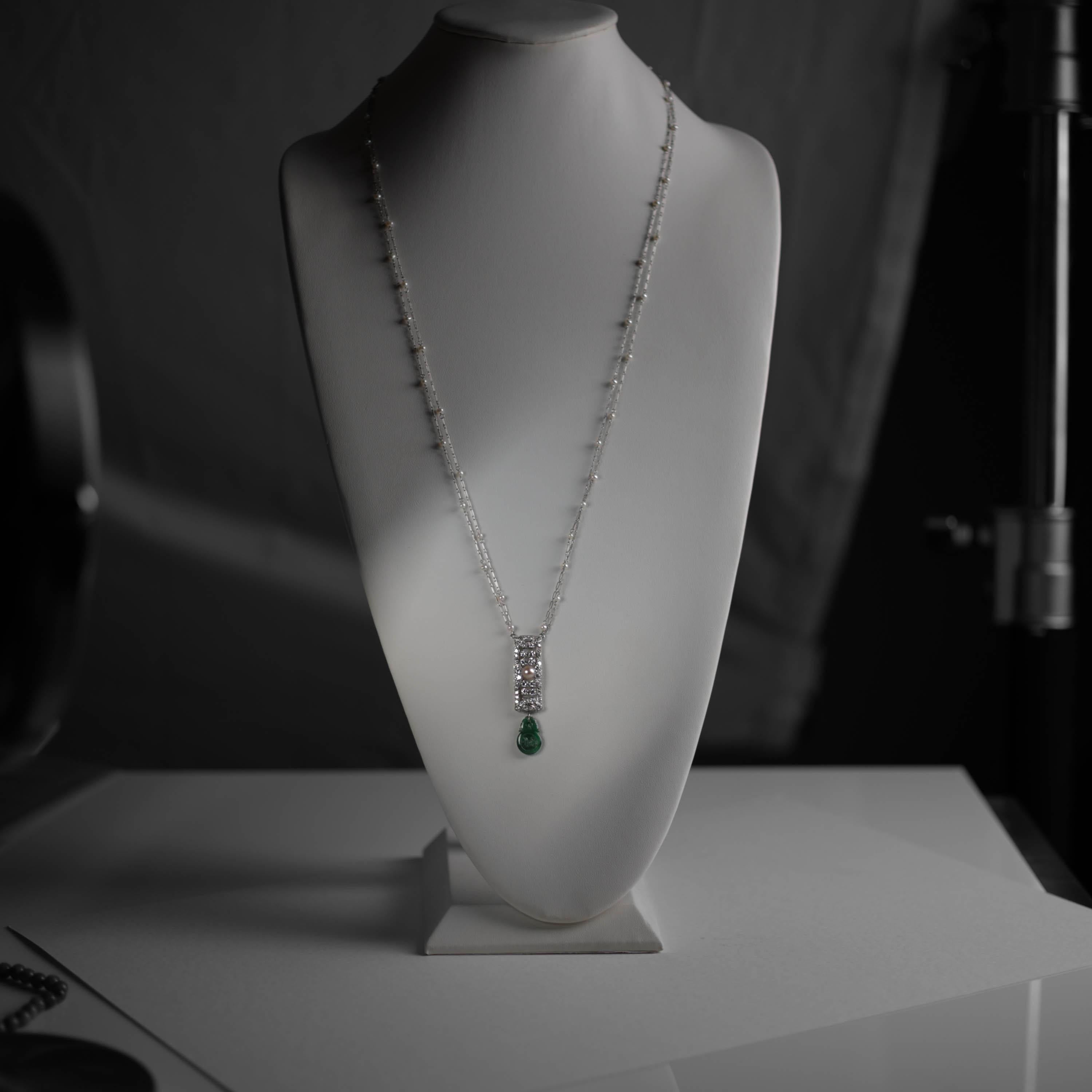Diamond, Uncultured Pearl, Fine Jade, Platinum Necklace, Art Deco GIA Certified For Sale 5