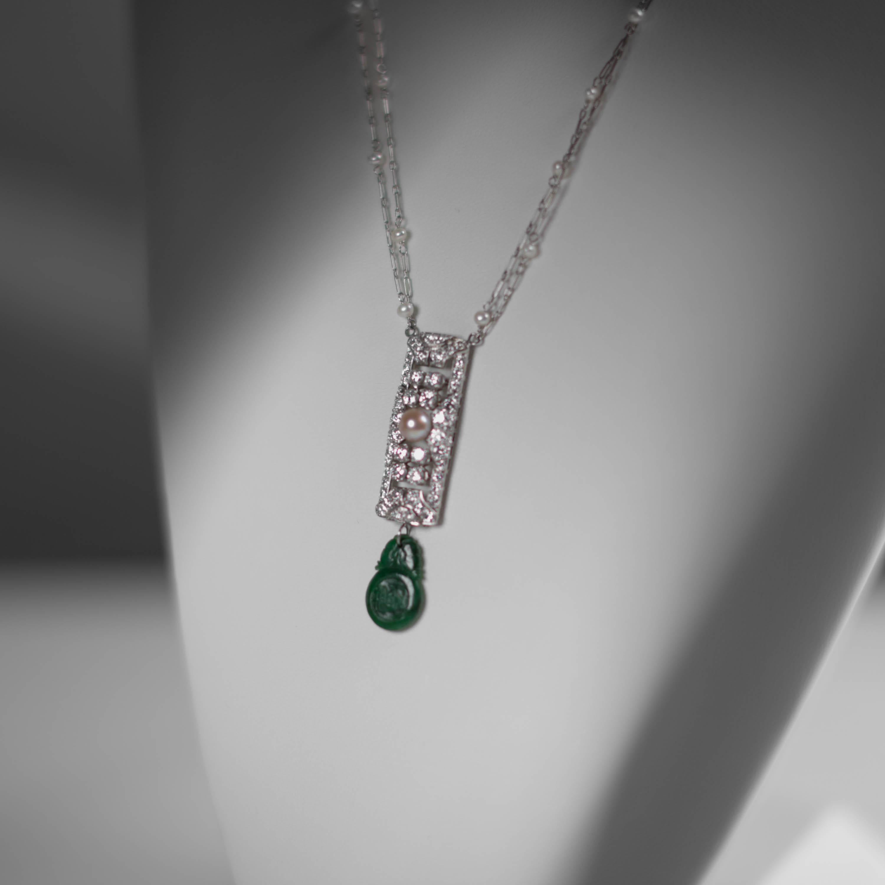 Diamond, Uncultured Pearl, Fine Jade, Platinum Necklace, Art Deco GIA Certified For Sale 6