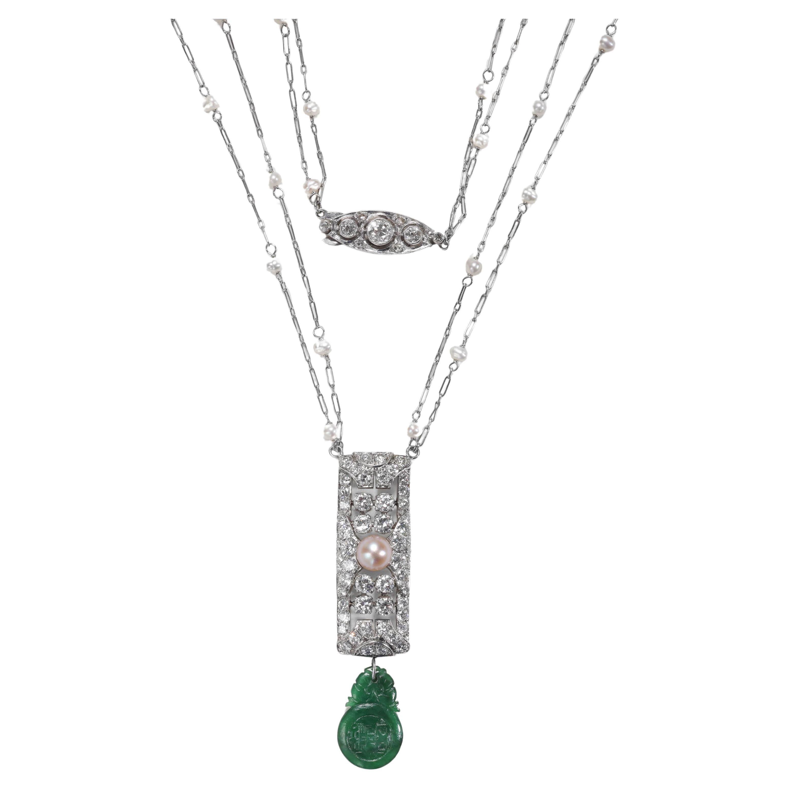 Diamond, Uncultured Pearl, Fine Jade, Platinum Necklace, Art Deco GIA Certified For Sale