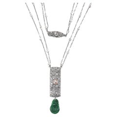 Vintage Diamond, Uncultured Pearl, Fine Jade, Platinum Necklace, Art Deco GIA Certified