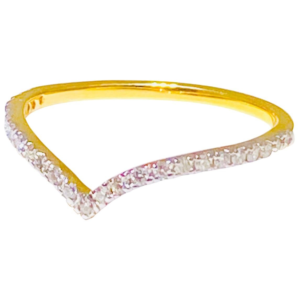 Diamond "V" Band, 18 Karat Yellow Gold Stackable Fashion Ring and Diamond Band