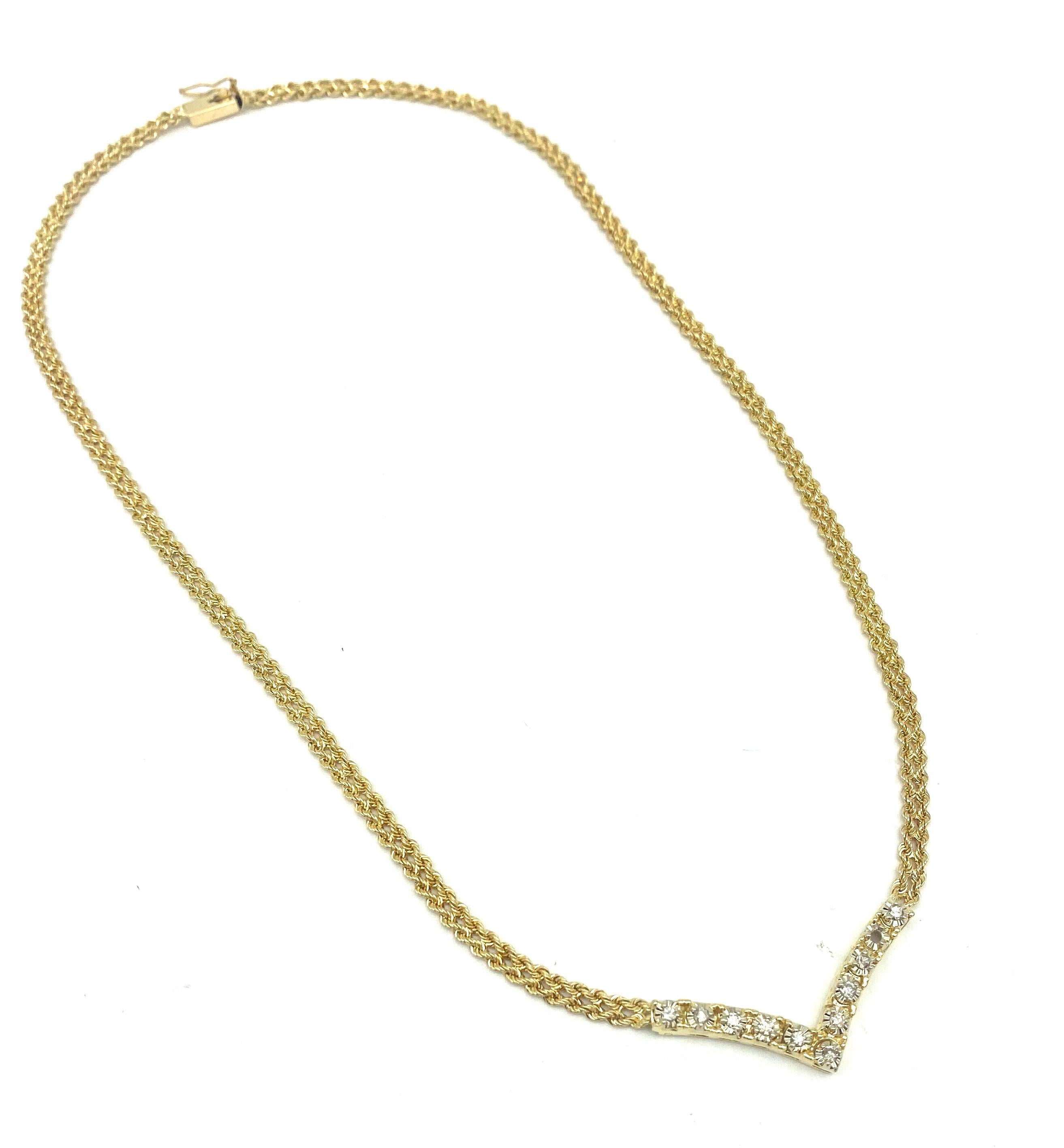 Diamant V-Halskette 14 Karat Pave .25 Karat Diamantschliff Seilkette mit Diamantschliff (Rundschliff)