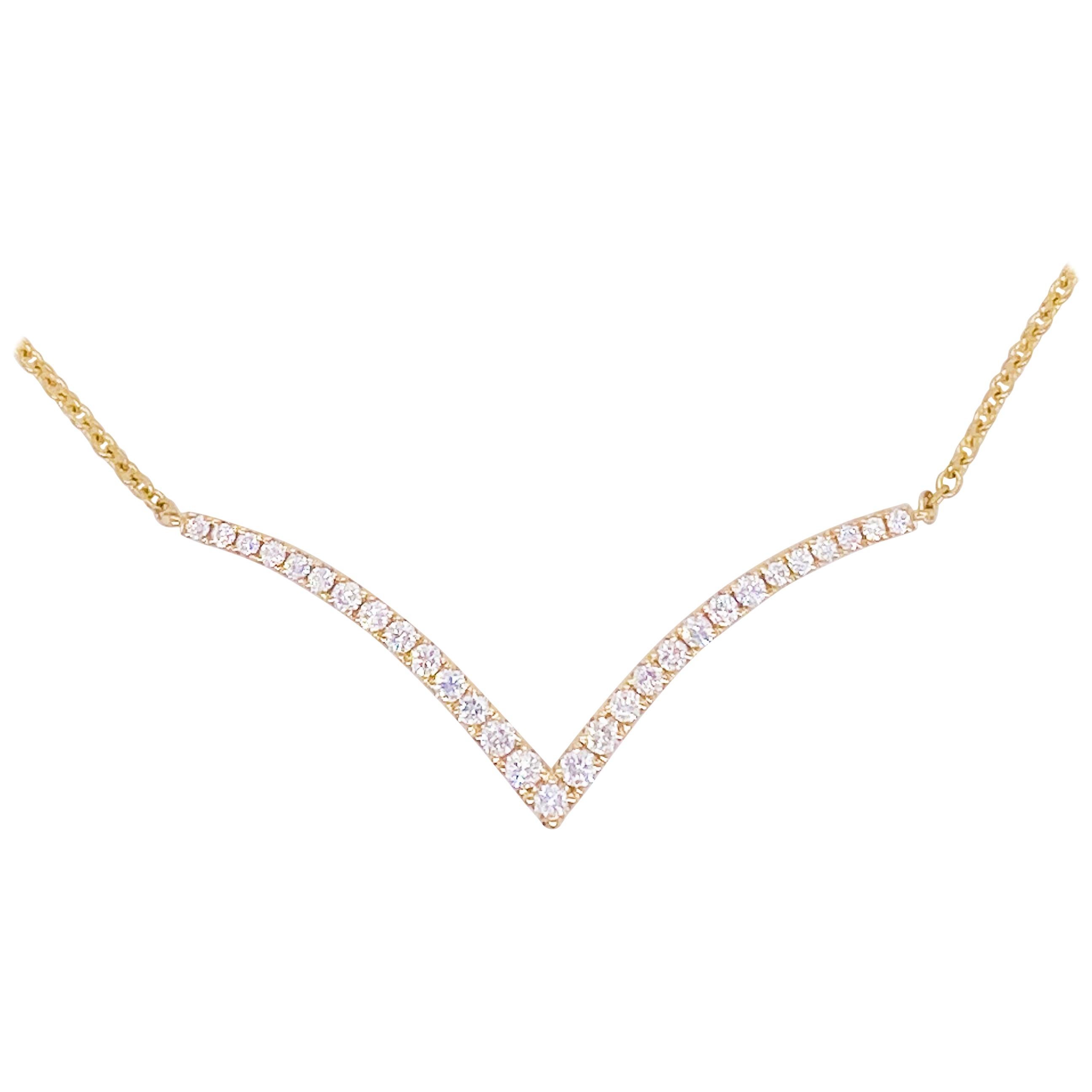 Diamond Curved V Bar Necklace .30 Carats in 14 Karat Yellow Gold Stationary For Sale