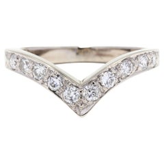 Retro Diamond V Ring, 14K White Gold, Curved Diamond Band, Accent Wedding Band