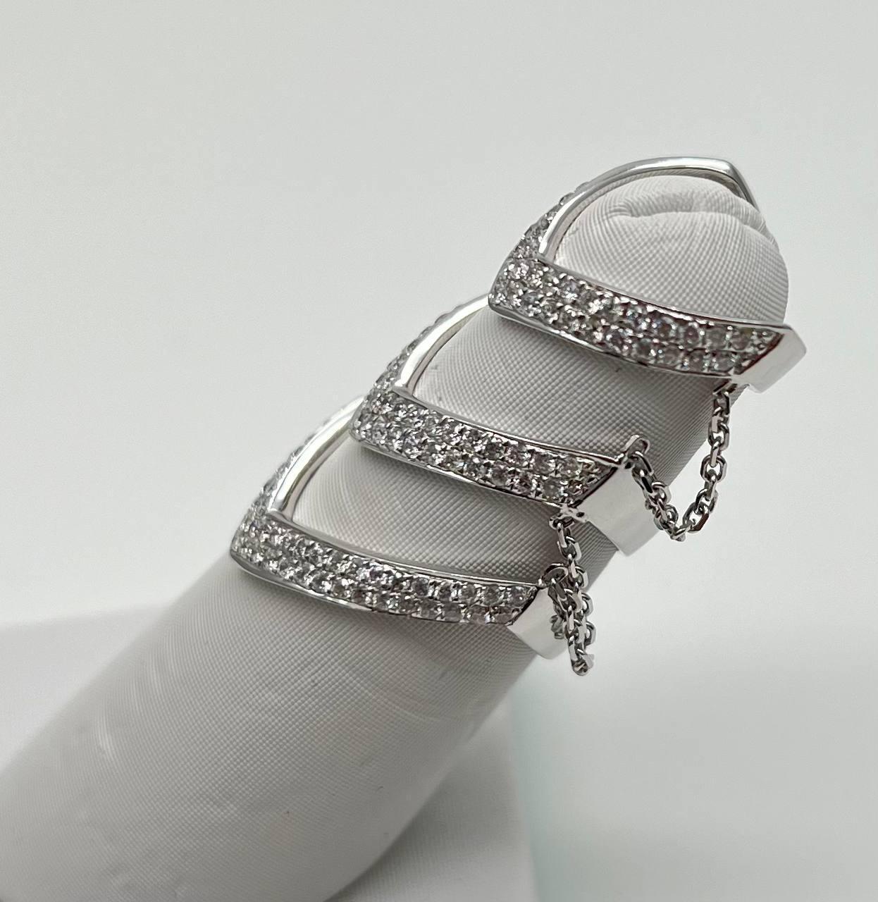 Diamond V Shaped Chain Statement Chevron 18 Karat White Gold Pave Statement Ring For Sale 1