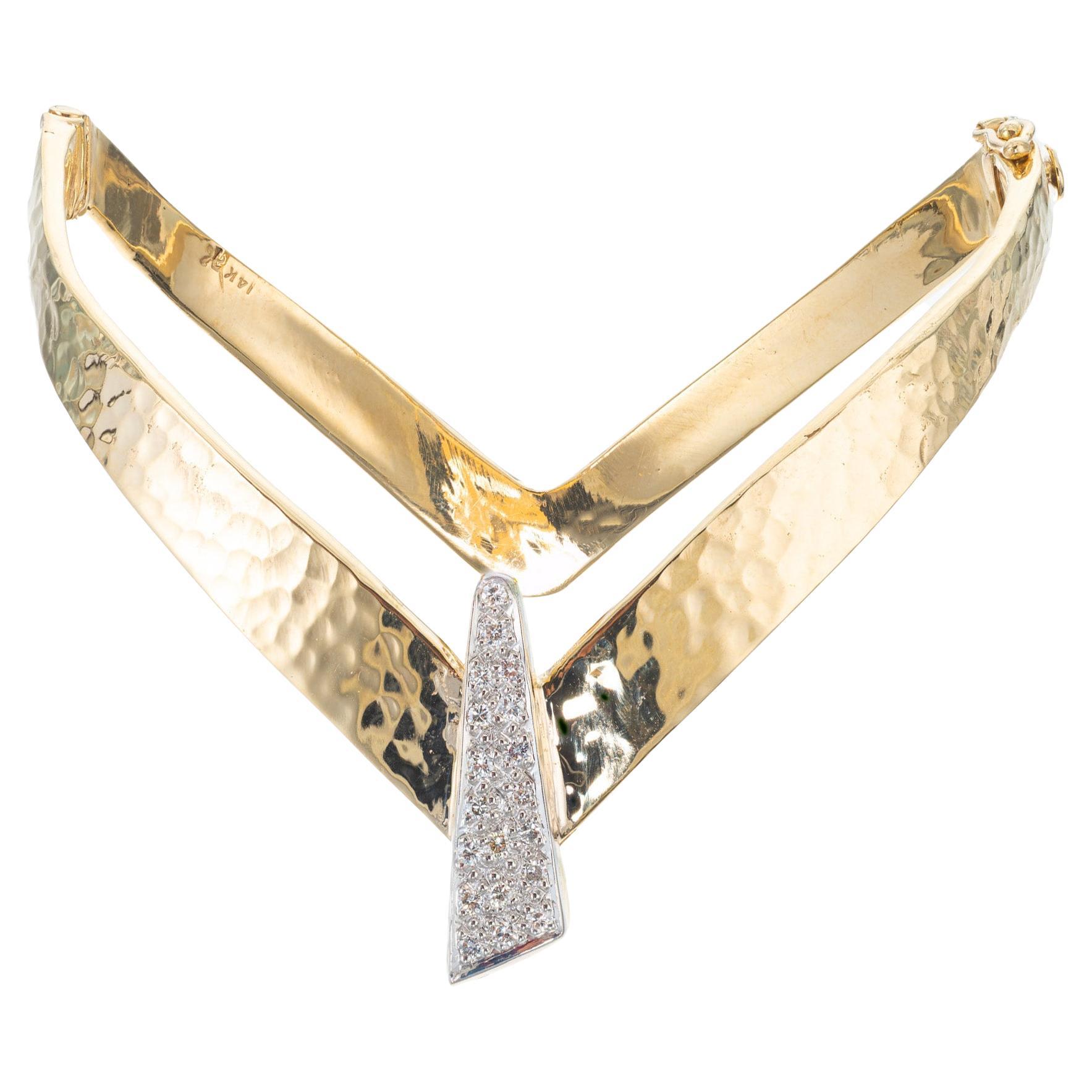 Diamond v Shaped Textured Midcentury Bangle Gold Bracelet