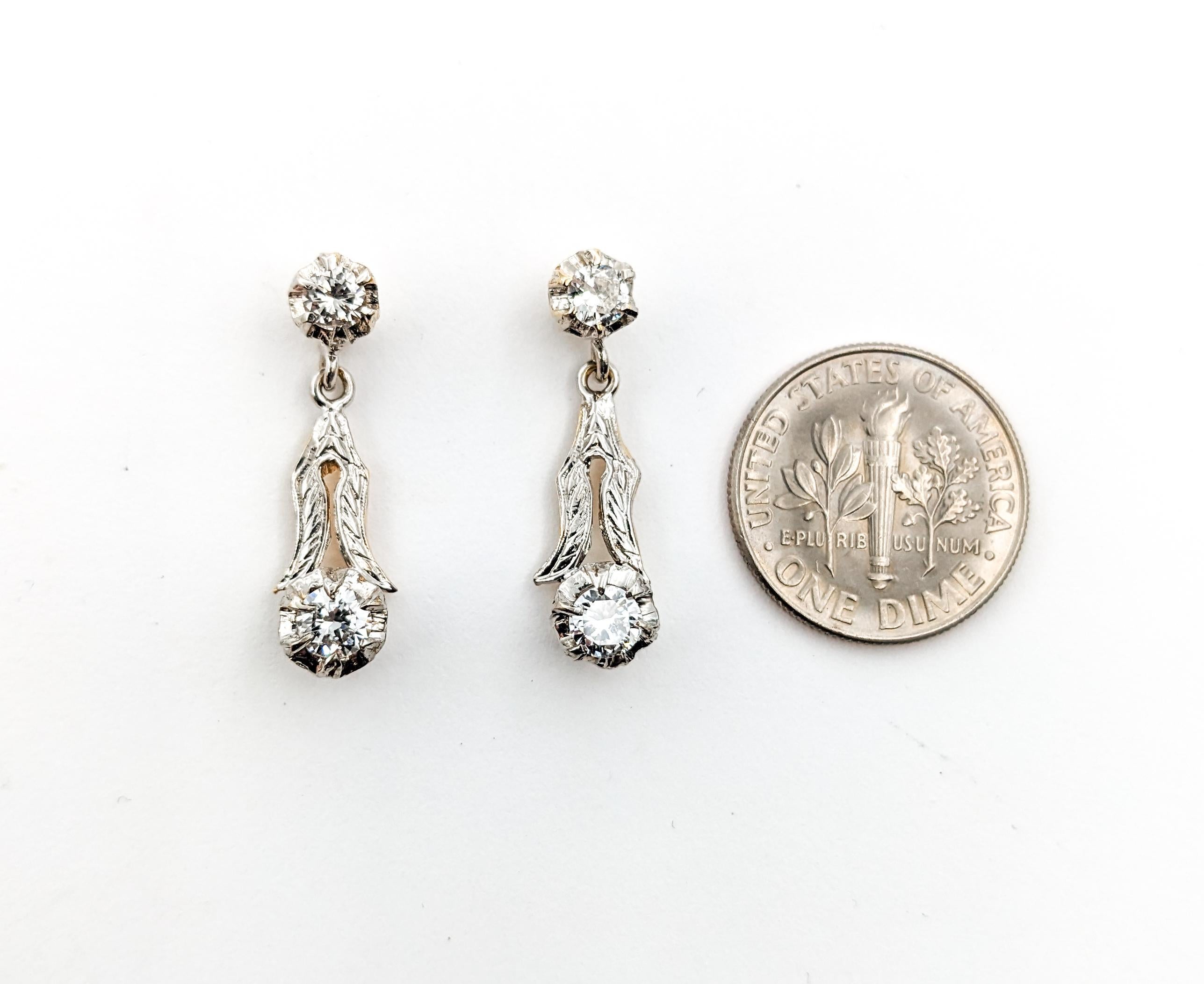 Modern Diamond Vintage Dangle Earrings In Two-Tone Gold For Sale