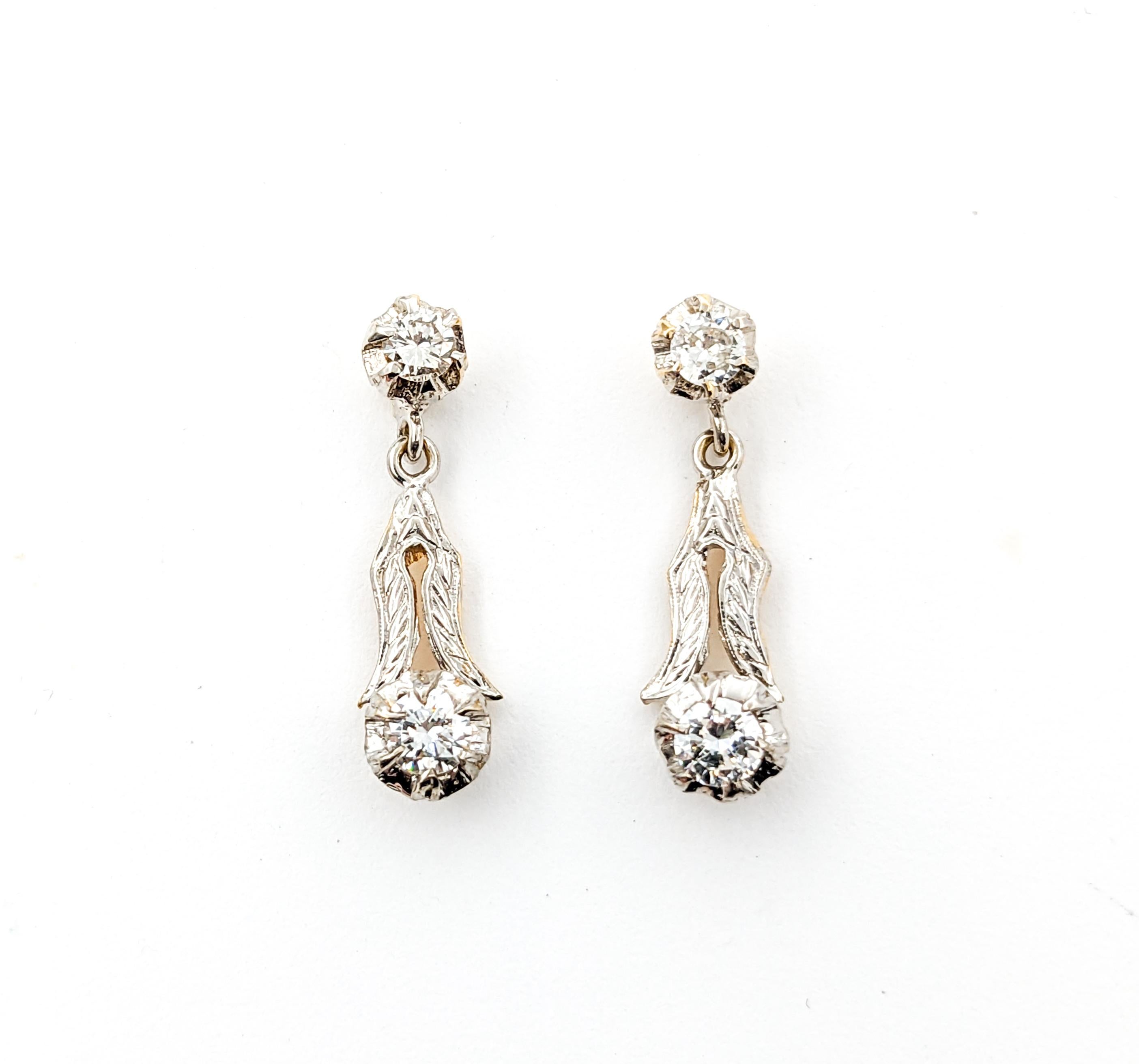 Women's Diamond Vintage Dangle Earrings In Two-Tone Gold For Sale