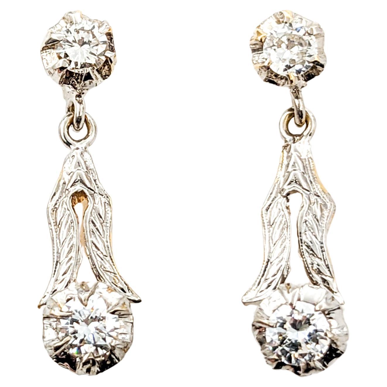 Diamond Vintage Dangle Earrings In Two-Tone Gold For Sale