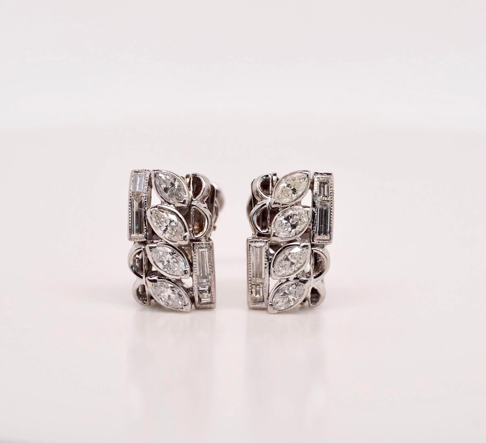 10K White Gold gorgeous vintage diamond earrings include 1.00 carat of 8- Marquise diamonds and 0.40 carats of 4-baguette diamonds. The color is F to G and SI clarity. The earrings are screw backs non pierced. 