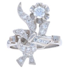 Diamond Vintage Floral Ribbon Cluster Ring - 950 Round Brilliant .40ctw