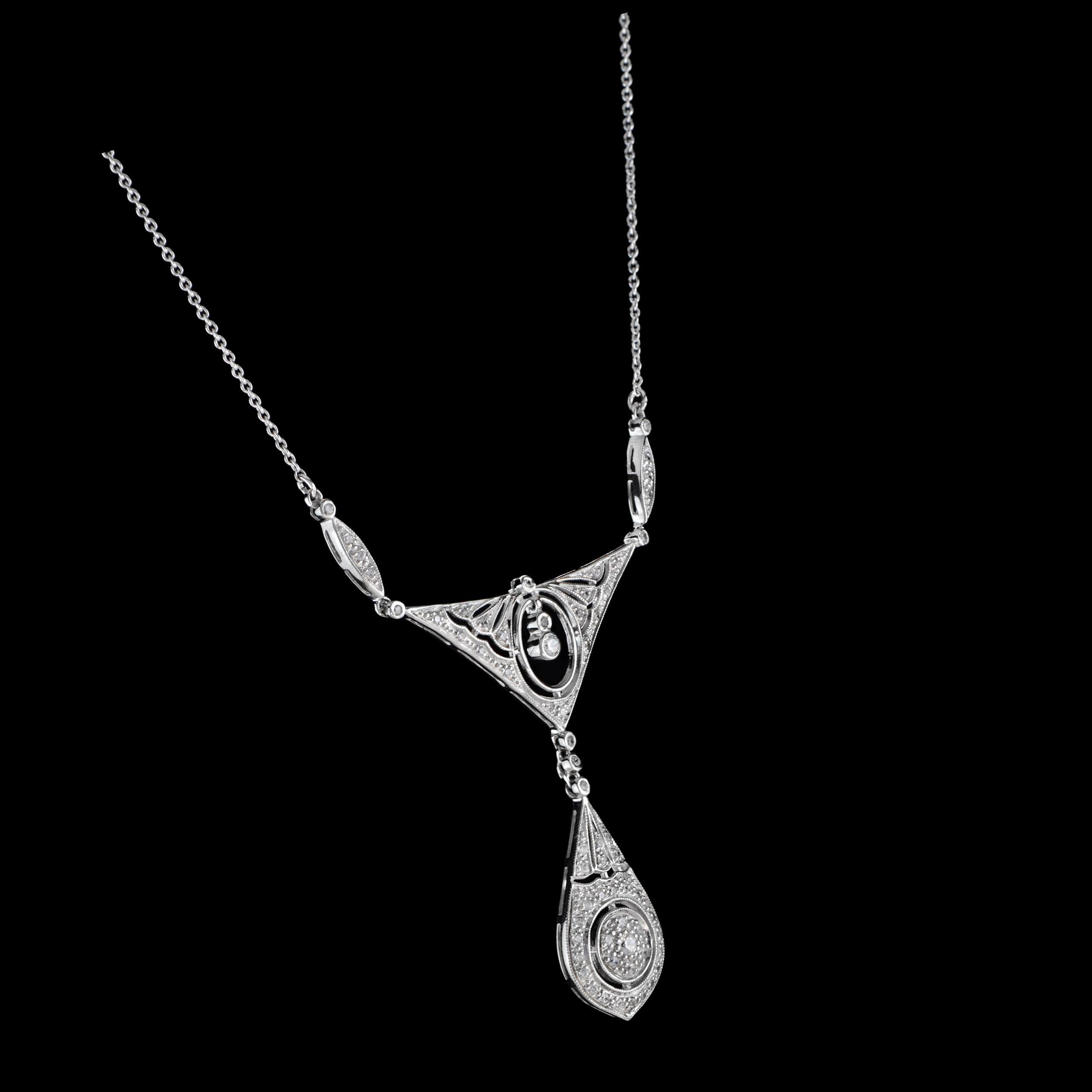 Taglio rotondo Collana con diamante d'ispirazione edoardiana in oro bianco con pettorina e principessa in vendita