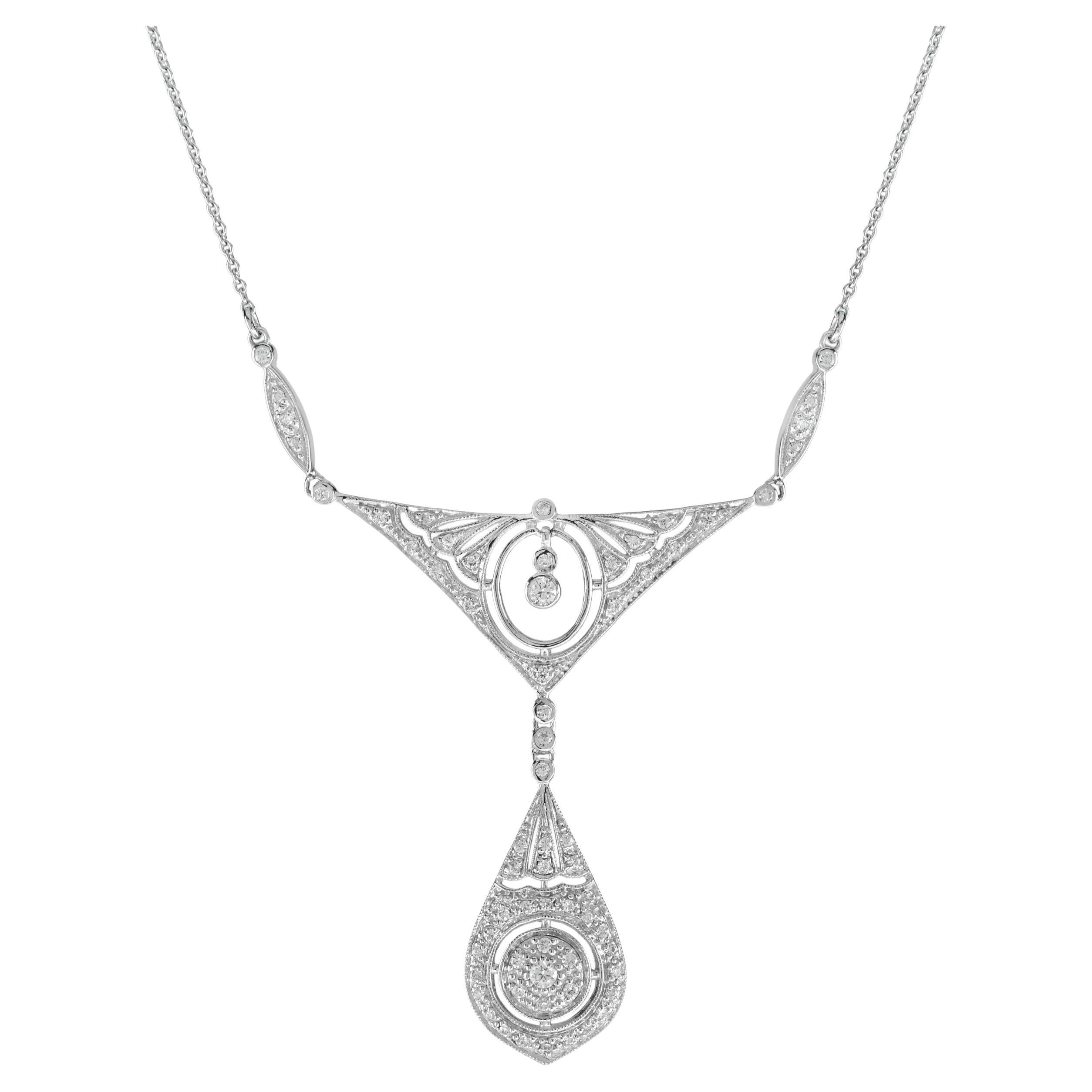 Collana con diamante d'ispirazione edoardiana in oro bianco con pettorina e principessa in vendita