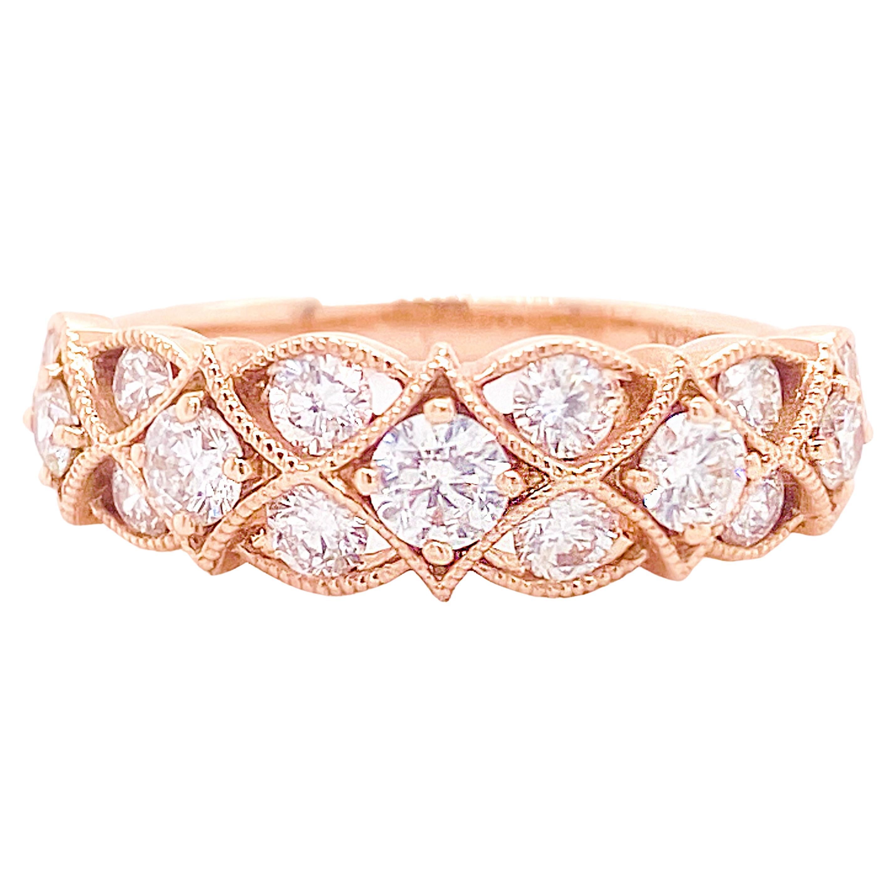 For Sale:  Diamond Vintage Inspired Rose Gold Band Ring .81ct Diamond Milgrain Anniversary