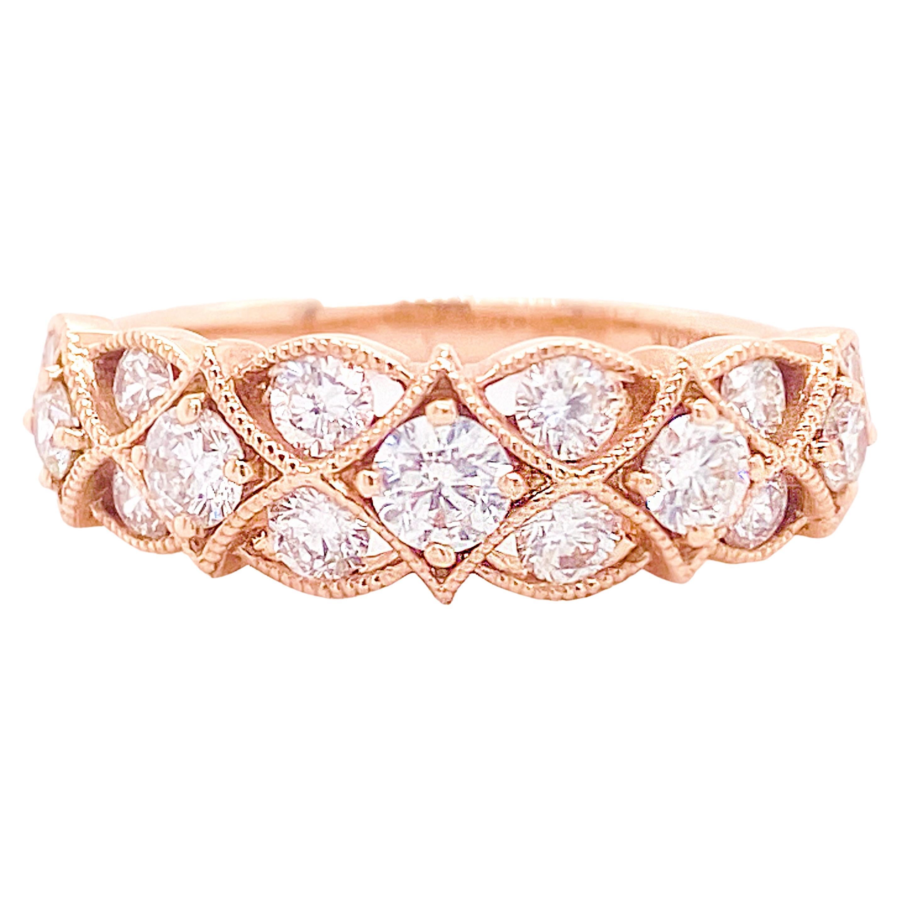 Diamond Vintage Inspired Rose Gold Band Ring .81ct Diamond Milgrain Anniversary