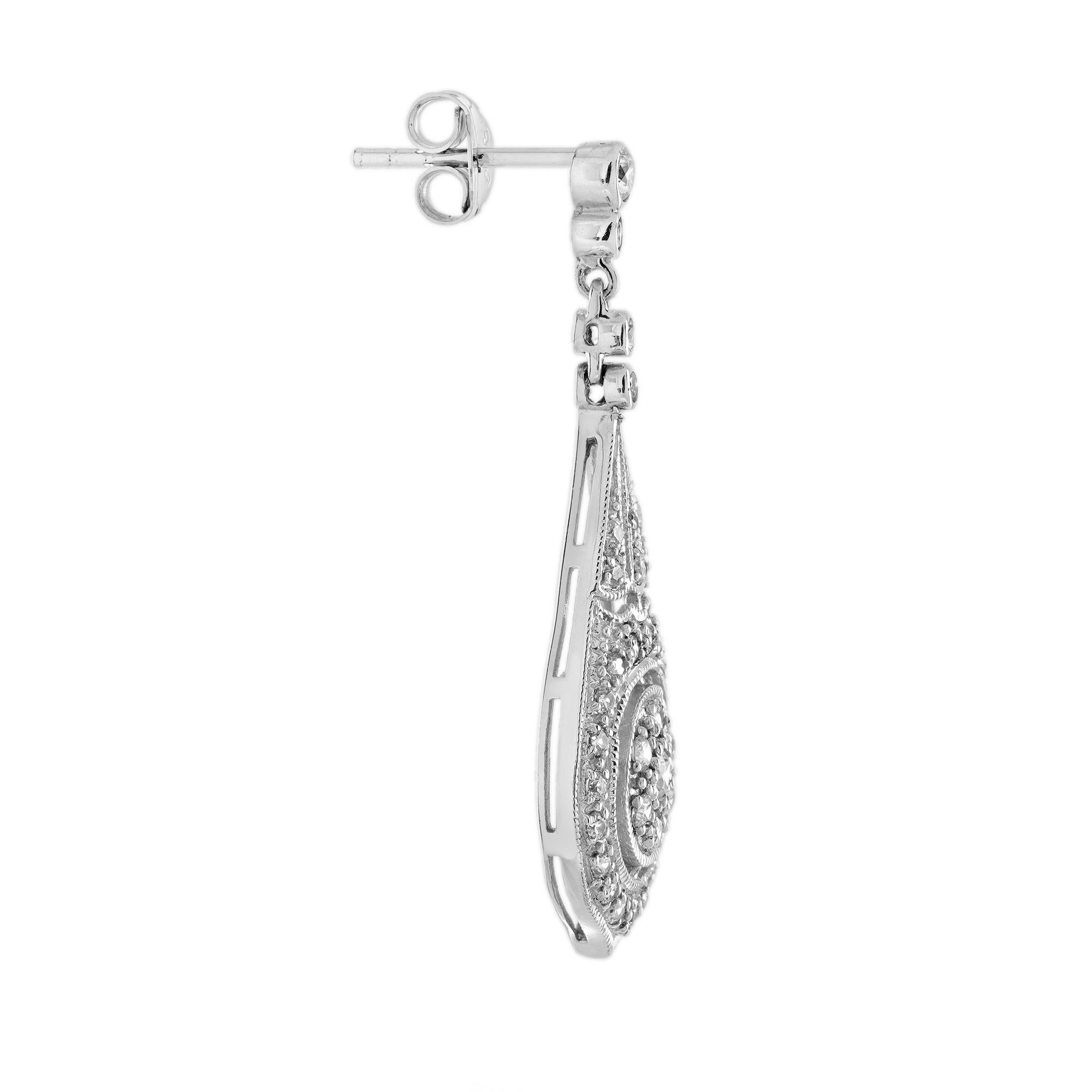 Taglio rotondo Orecchini a goccia con diamante in stile Art Déco in oro bianco 18 carati in vendita