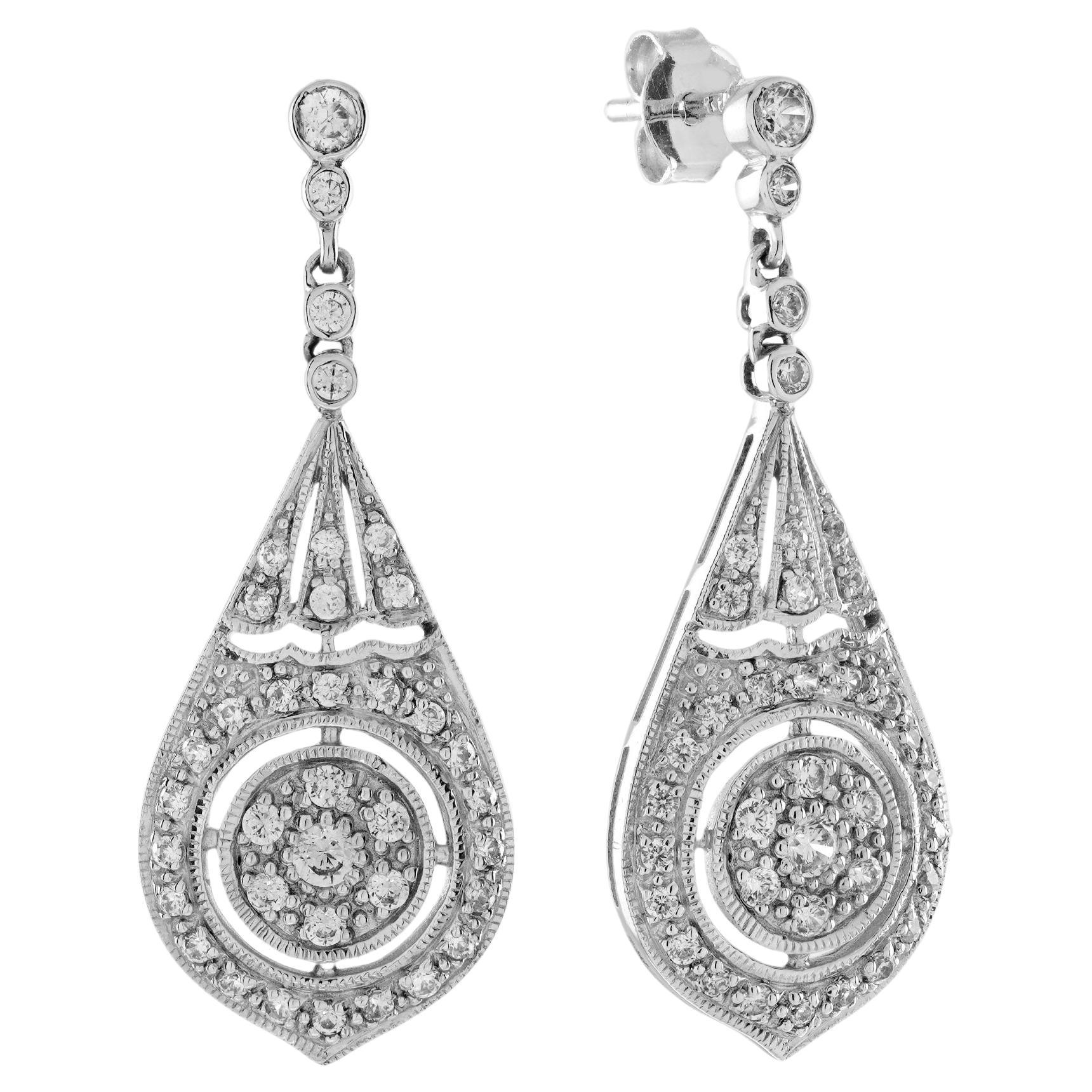 Pendientes de gota de diamantes estilo Art Decó de oro blanco de 18 quilates