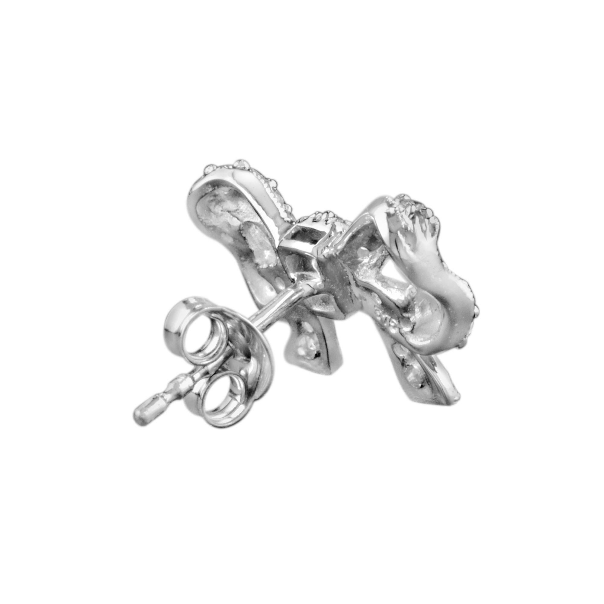 Round Cut Diamond Vintage Style Bow 14K White Gold Stud Earrings For Sale