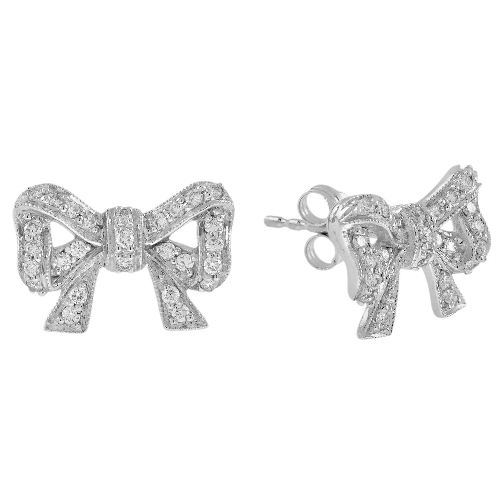 Diamond Vintage Style Bow Stud Earrings in 14k White Gold For Sale