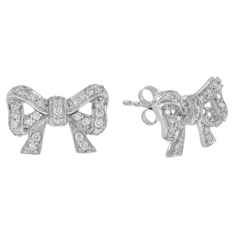 Diamond Vintage Style Bow Stud Earrings in 14K White Gold For Sale at